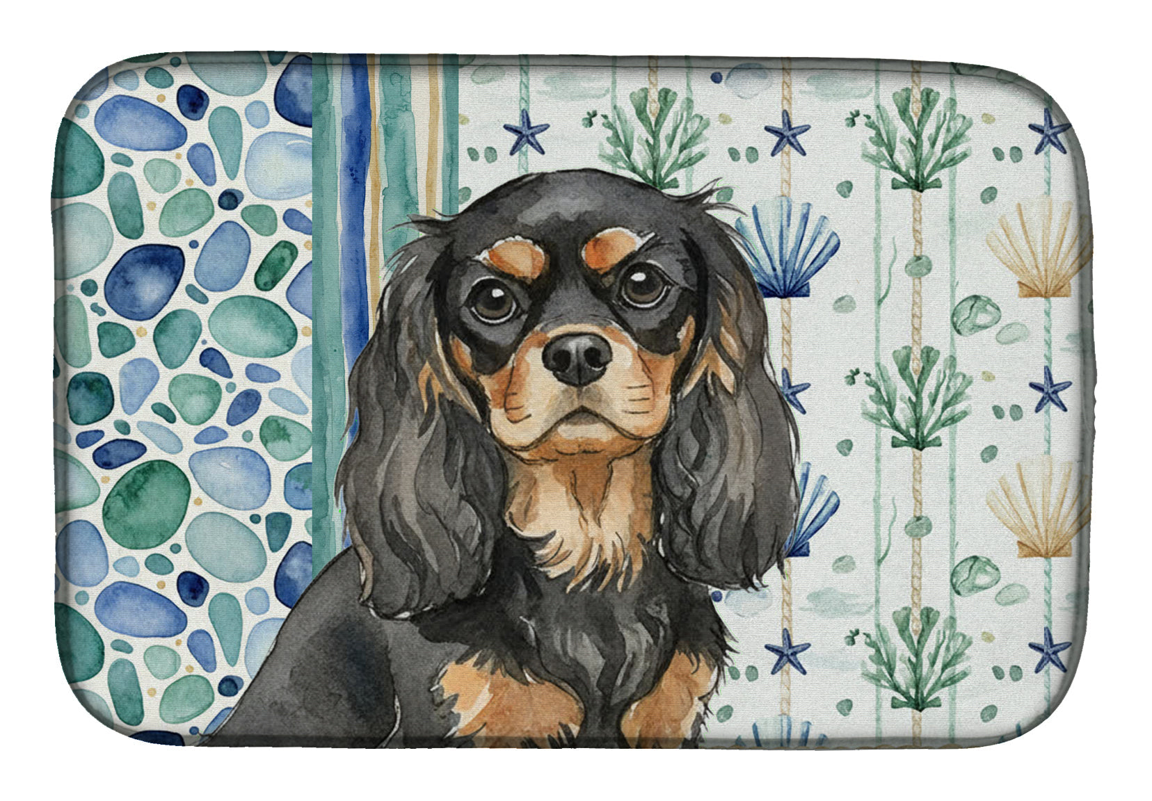 Black and Tan Cavalier Spaniel Coastal Sea Glass Dish Drying Mat Absorbent Dish Drying Mat Pad for Kitchen Counter Dish Drainer Mat for Countertop, 14 x 21", Multicolor
