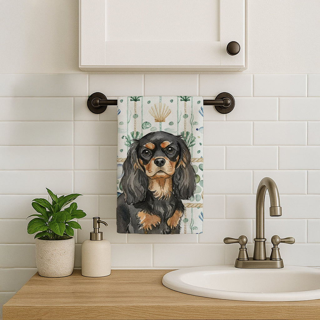 Black and Tan Cavalier Spaniel Coastal Sea Glass Kitchen Towel Velour Plush Front and Cotton Loop Back Machine Washable