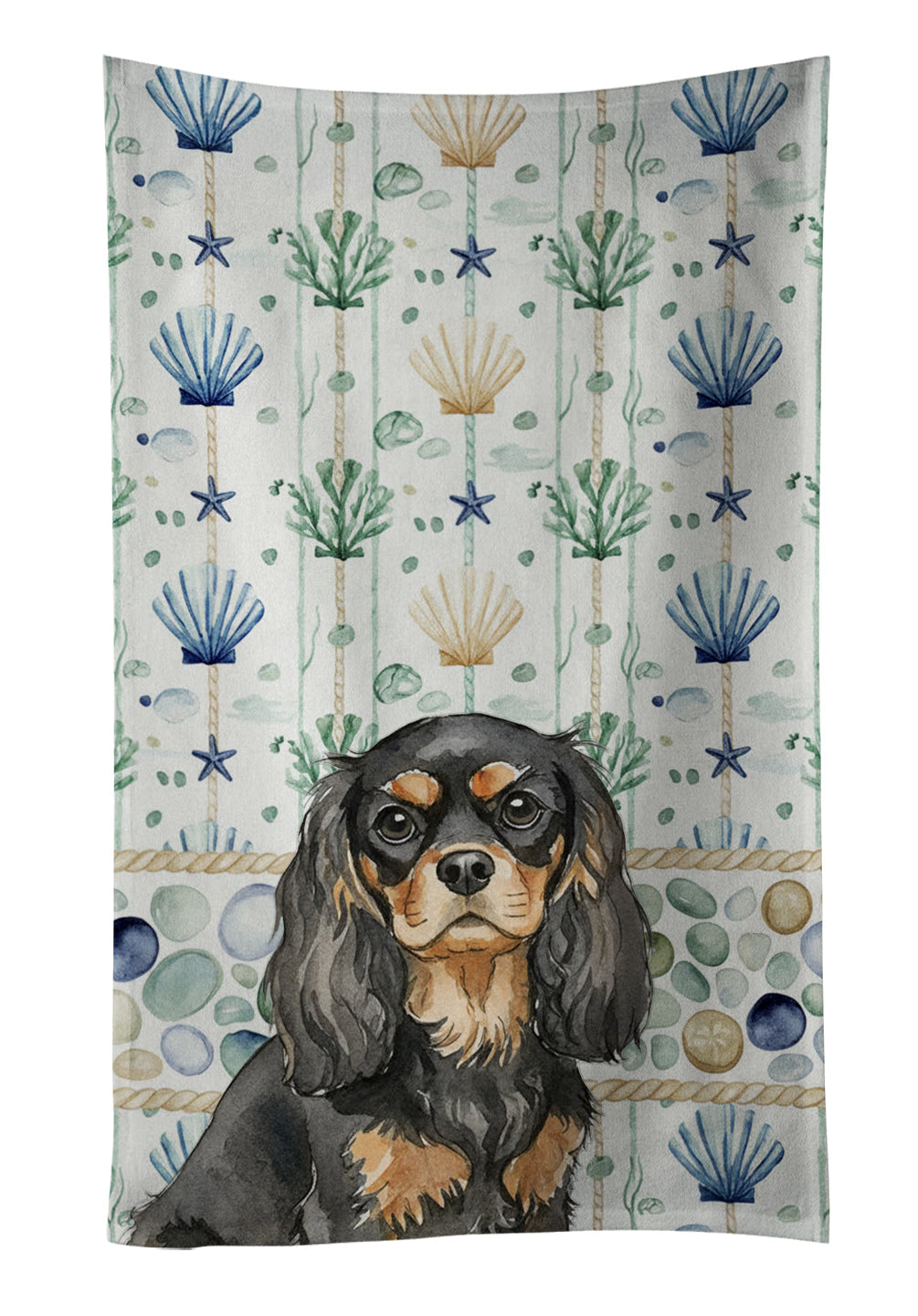Black and Tan Cavalier Spaniel Coastal Sea Glass Kitchen Towel Velour Plush Front and Cotton Loop Back Machine Washable