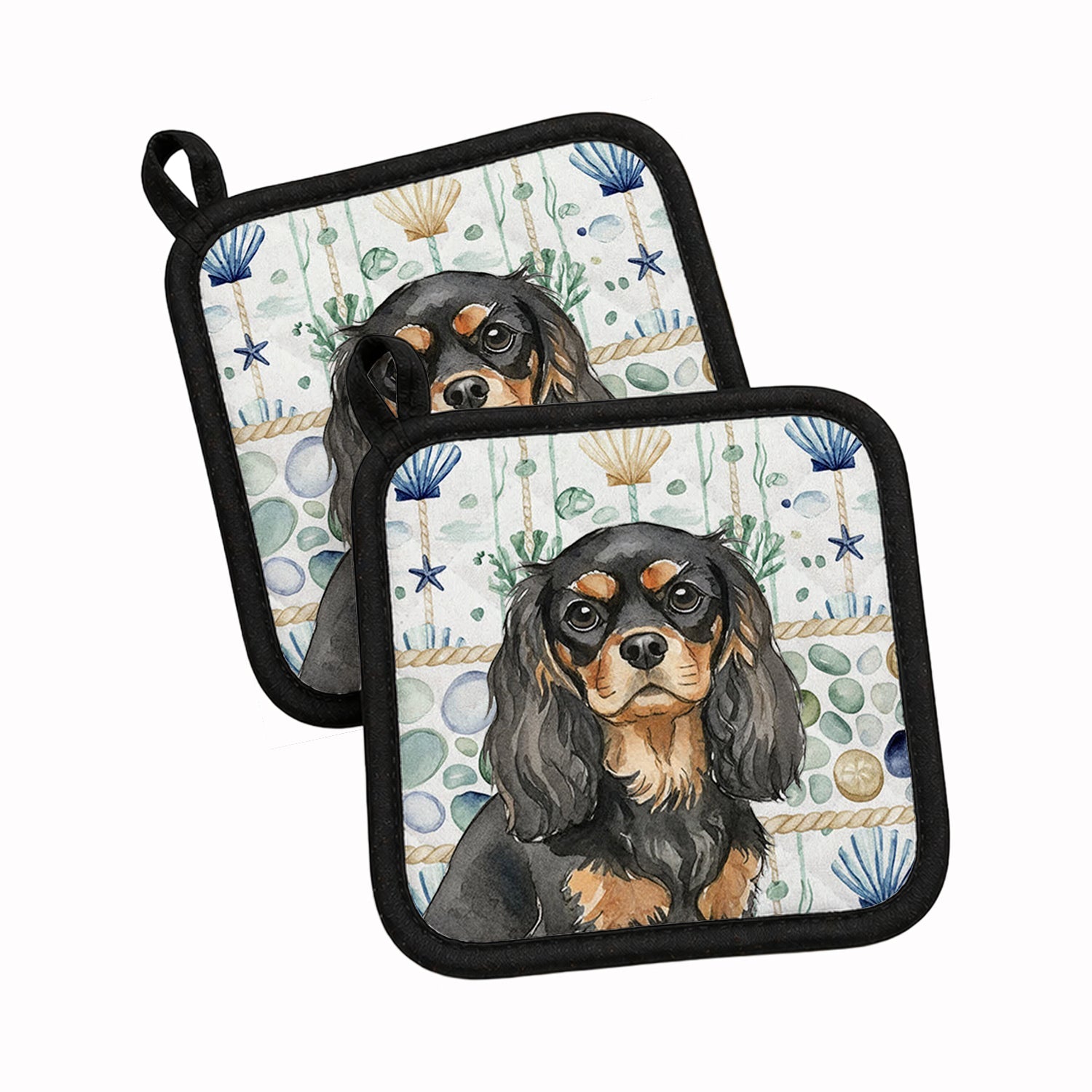Black and Tan Cavalier Spaniel Coastal Sea Glass Pot Holder Set of 2 Heat Resistant Quilted Hot Pads 7.5 x 7.5 Inch, Insulated Kitchen Trivets for Cooking & Baking