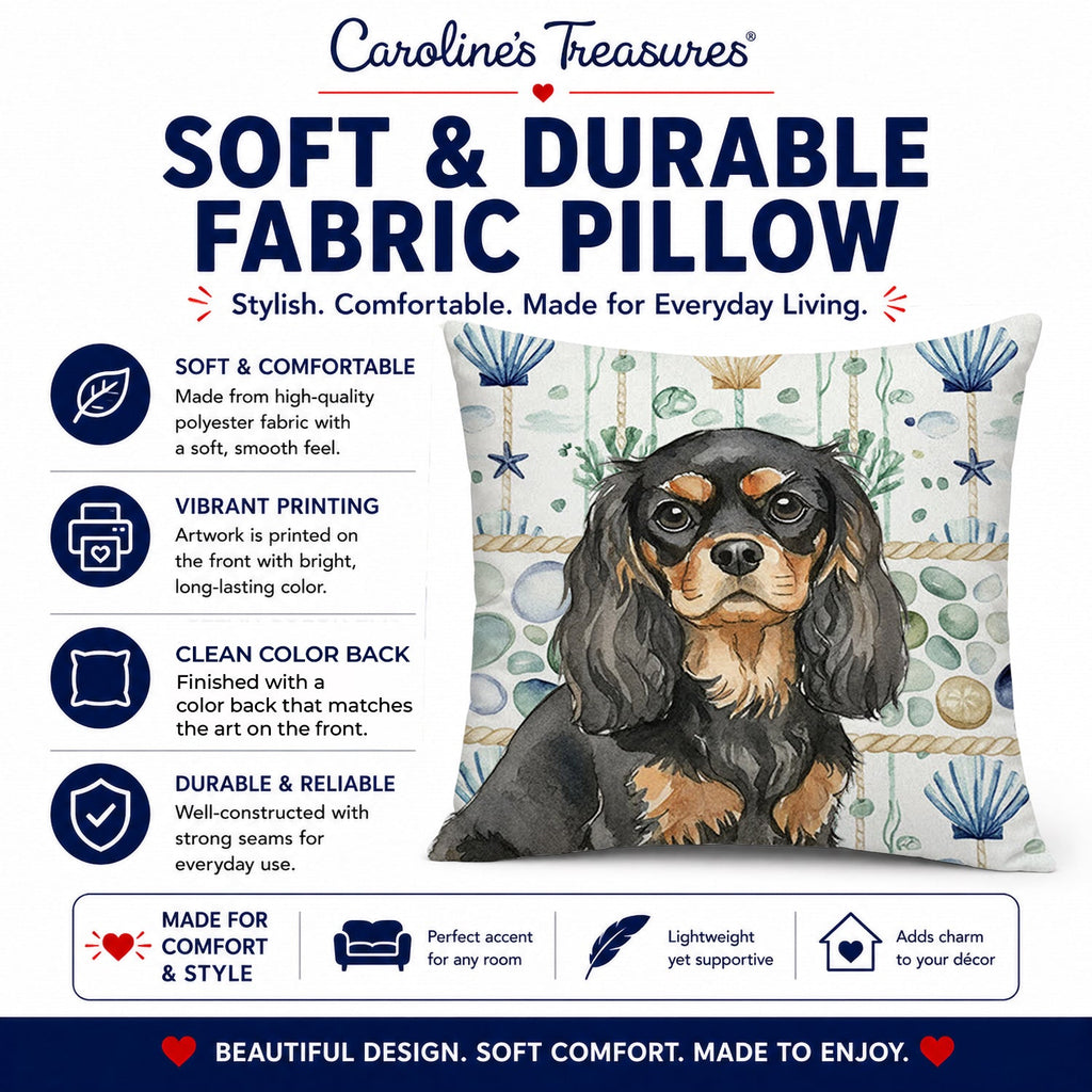 Black and Tan Cavalier Spaniel Coastal Sea Glass Decorative Throw Pillow 14x14 Indoor Outdoor Accent Cushion, Fabric Cover with Insert for Sofa, Bed, Porch & Living Room