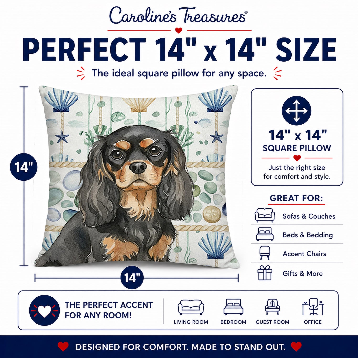 Black and Tan Cavalier Spaniel Coastal Sea Glass Decorative Throw Pillow 14x14 Indoor Outdoor Accent Cushion, Fabric Cover with Insert for Sofa, Bed, Porch & Living Room