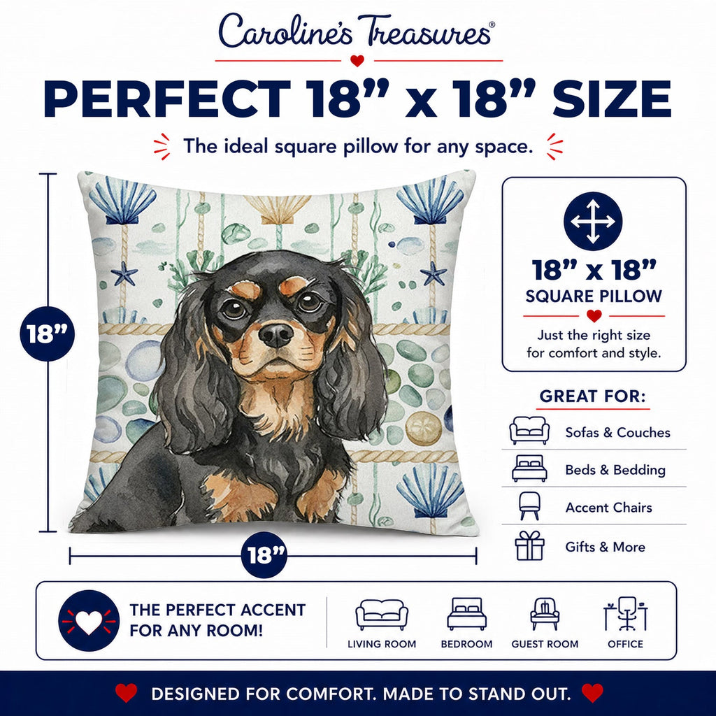 Black and Tan Cavalier Spaniel Coastal Sea Glass Decorative Throw Pillow 18x18 Indoor Outdoor Accent Cushion, Fabric Cover with Insert for Sofa, Bed, Porch & Living Room