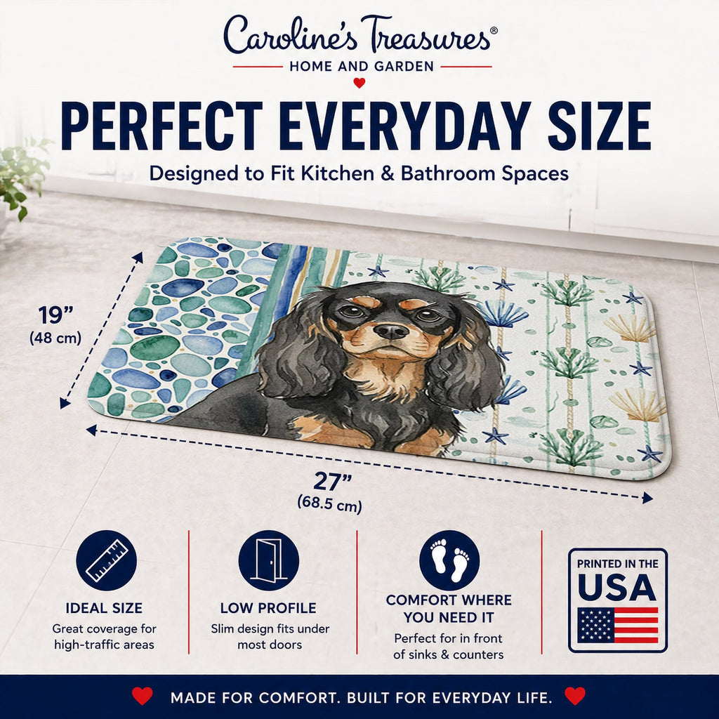 Black and Tan Cavalier Spaniel Coastal Sea Glass Memory Foam Kitchen Mat Machine Washable Anti-Fatigue Cushion Comfort Bath or Kitchen Rug