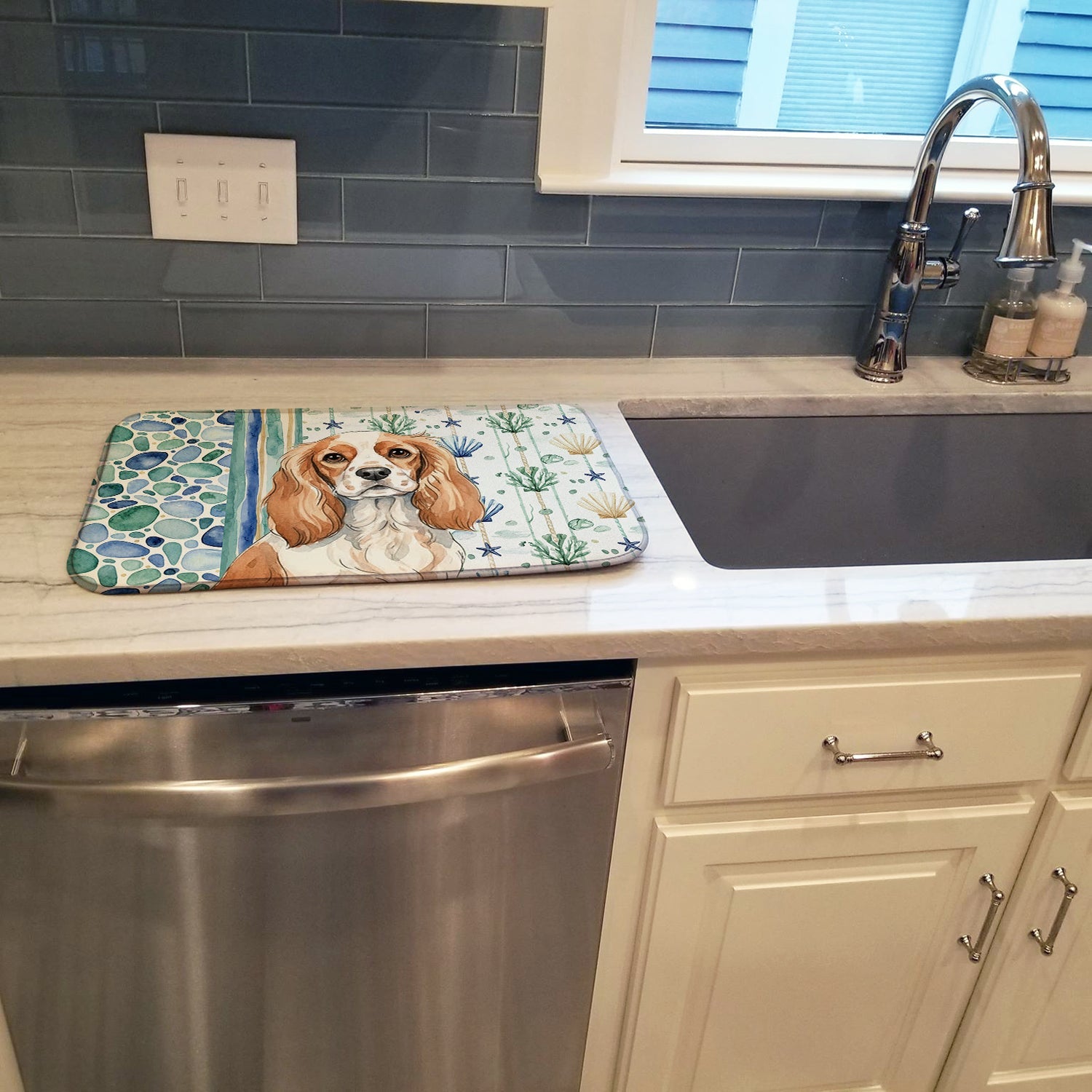 Blenheim Cavalier Spaniel Coastal Sea Glass Dish Drying Mat Absorbent Dish Drying Mat Pad for Kitchen Counter Dish Drainer Mat for Countertop, 14 x 21", Multicolor