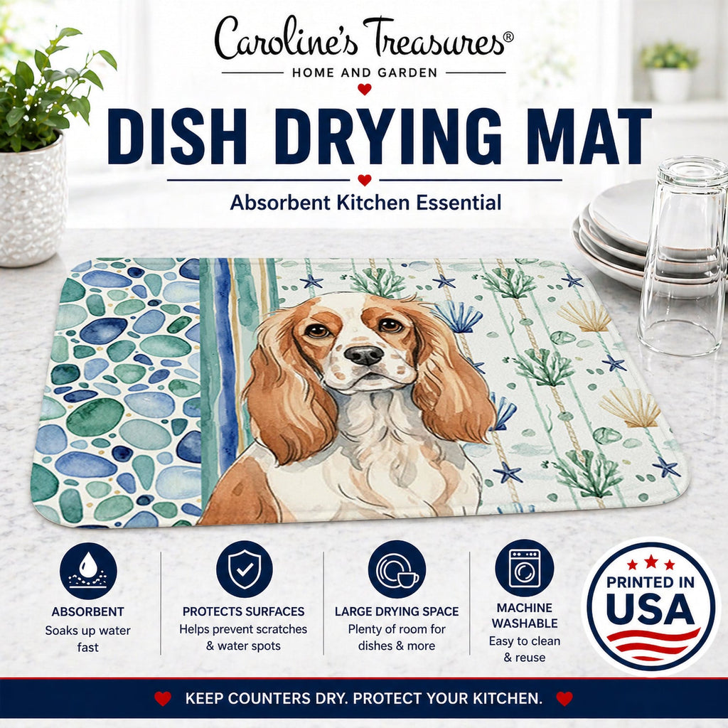 Blenheim Cavalier Spaniel Coastal Sea Glass Dish Drying Mat Absorbent Dish Drying Mat Pad for Kitchen Counter Dish Drainer Mat for Countertop, 14 x 21", Multicolor