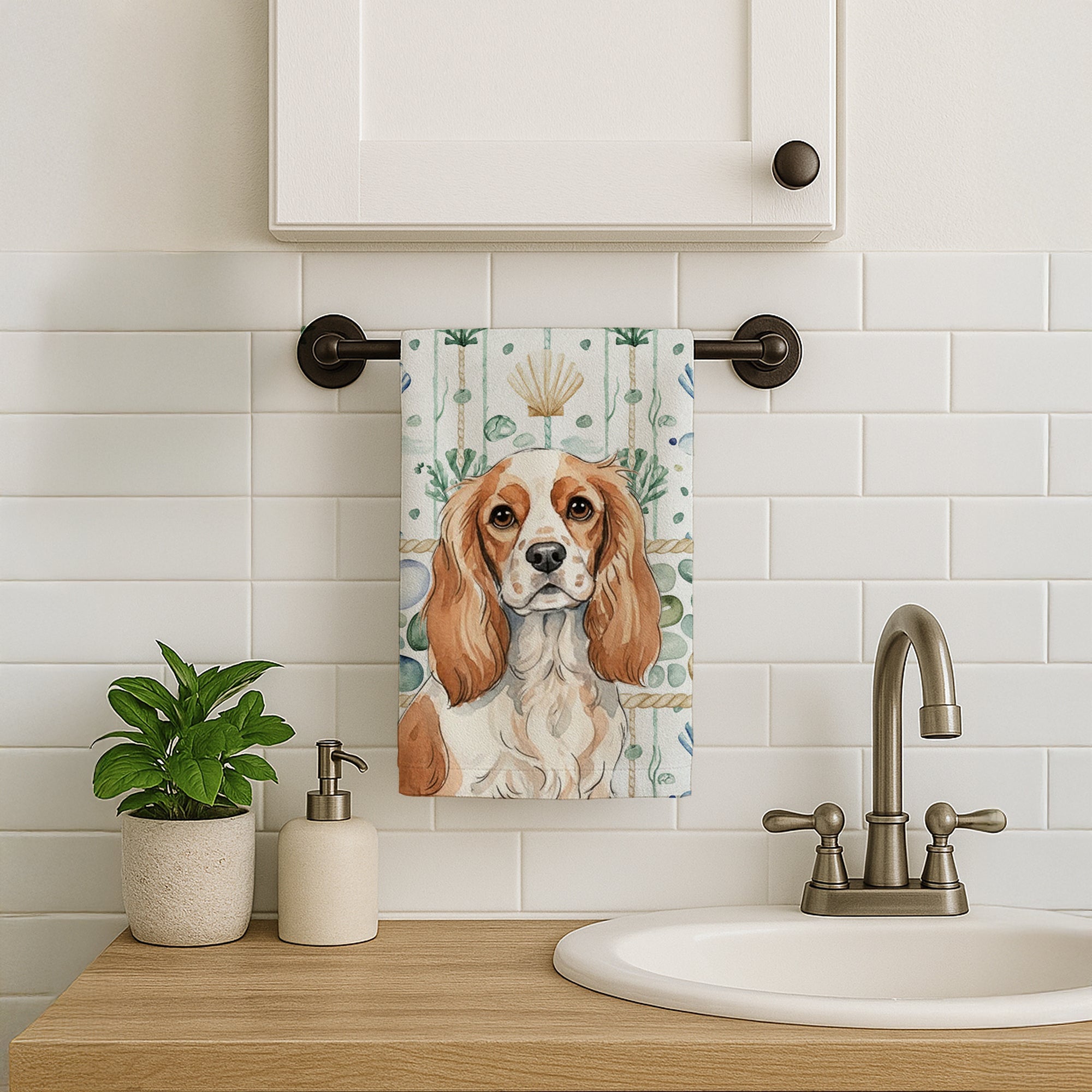 Blenheim Cavalier Spaniel Coastal Sea Glass Kitchen Towel Velour Plush Front and Cotton Loop Back Machine Washable