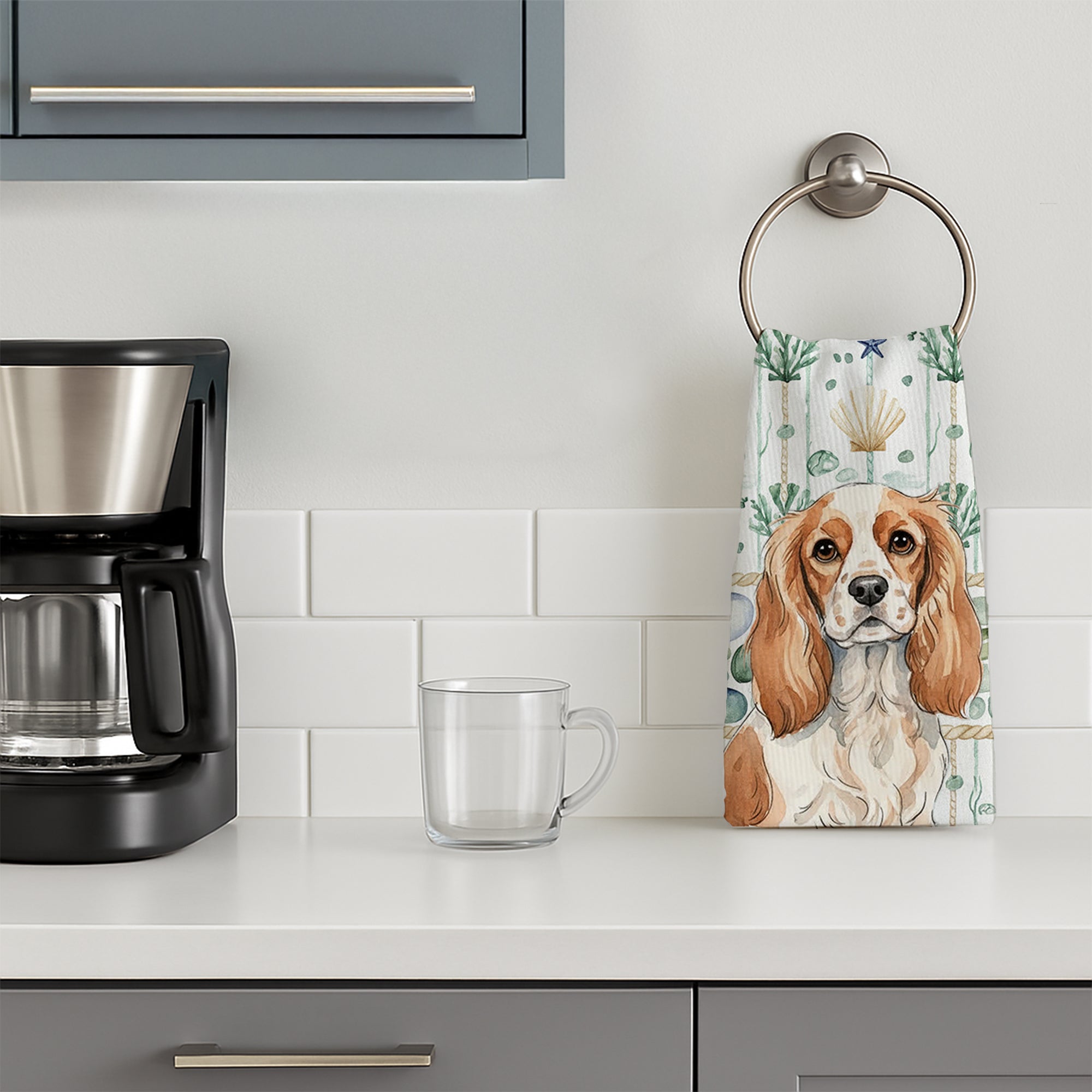 Blenheim Cavalier Spaniel Coastal Sea Glass Kitchen Towel Velour Plush Front and Cotton Loop Back Machine Washable