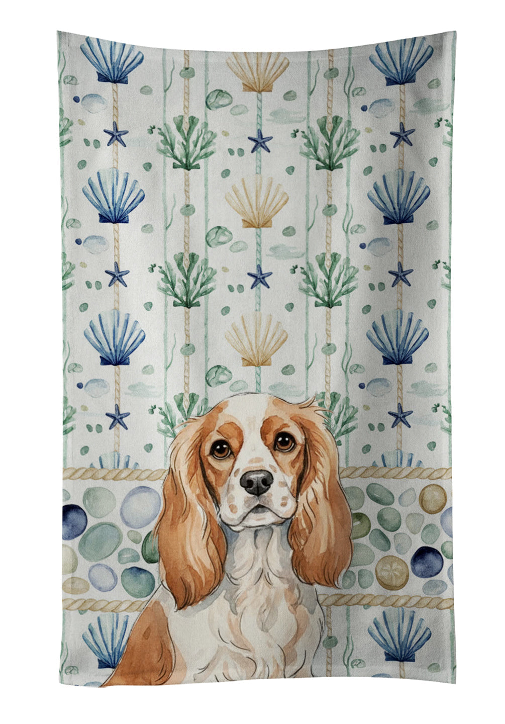Blenheim Cavalier Spaniel Coastal Sea Glass Kitchen Towel Velour Plush Front and Cotton Loop Back Machine Washable