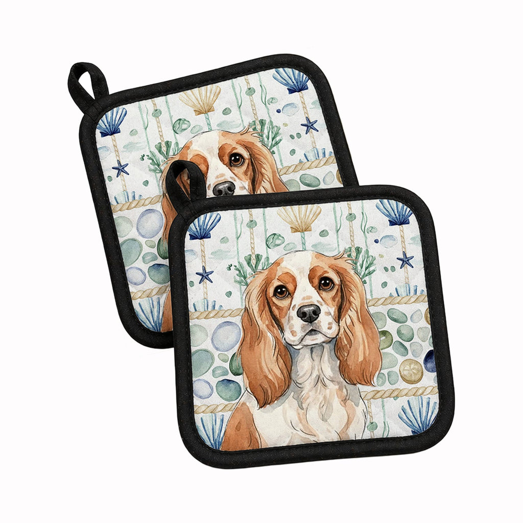 Blenheim Cavalier Spaniel Coastal Sea Glass Pot Holder Set of 2 Heat Resistant Quilted Hot Pads 7.5 x 7.5 Inch, Insulated Kitchen Trivets for Cooking & Baking