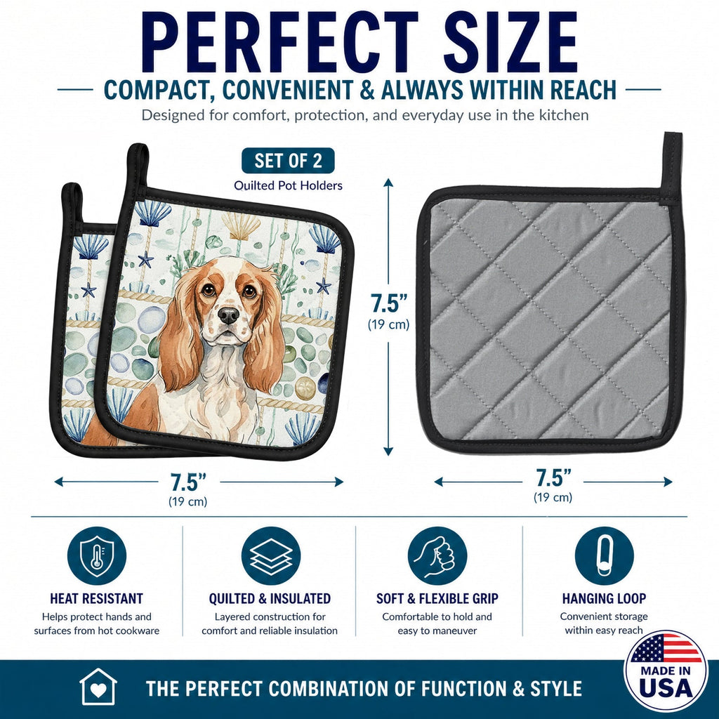 Blenheim Cavalier Spaniel Coastal Sea Glass Pot Holder Set of 2 Heat Resistant Quilted Hot Pads 7.5 x 7.5 Inch, Insulated Kitchen Trivets for Cooking & Baking