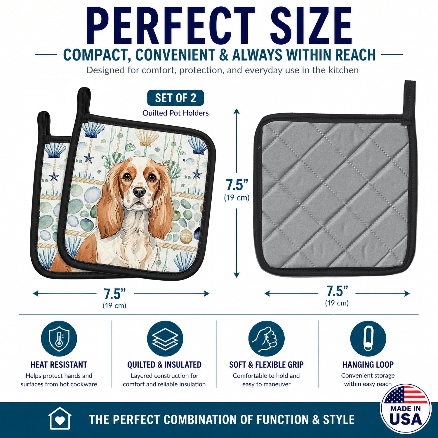 Blenheim Cavalier Spaniel Coastal Sea Glass Pot Holder Set of 2 Heat Resistant Quilted Hot Pads 7.5 x 7.5 Inch, Insulated Kitchen Trivets for Cooking & Baking