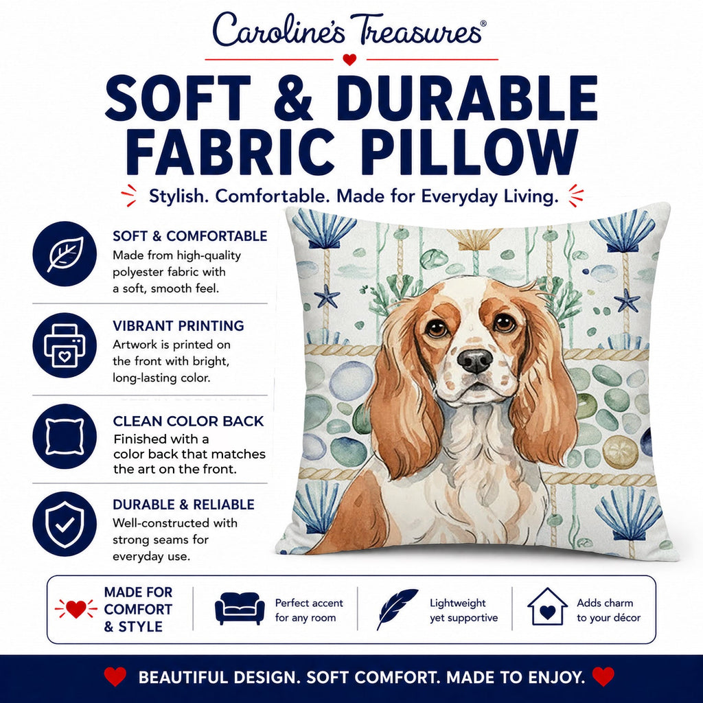 Blenheim Cavalier Spaniel Coastal Sea Glass Decorative Throw Pillow 14x14 Indoor Outdoor Accent Cushion, Fabric Cover with Insert for Sofa, Bed, Porch & Living Room