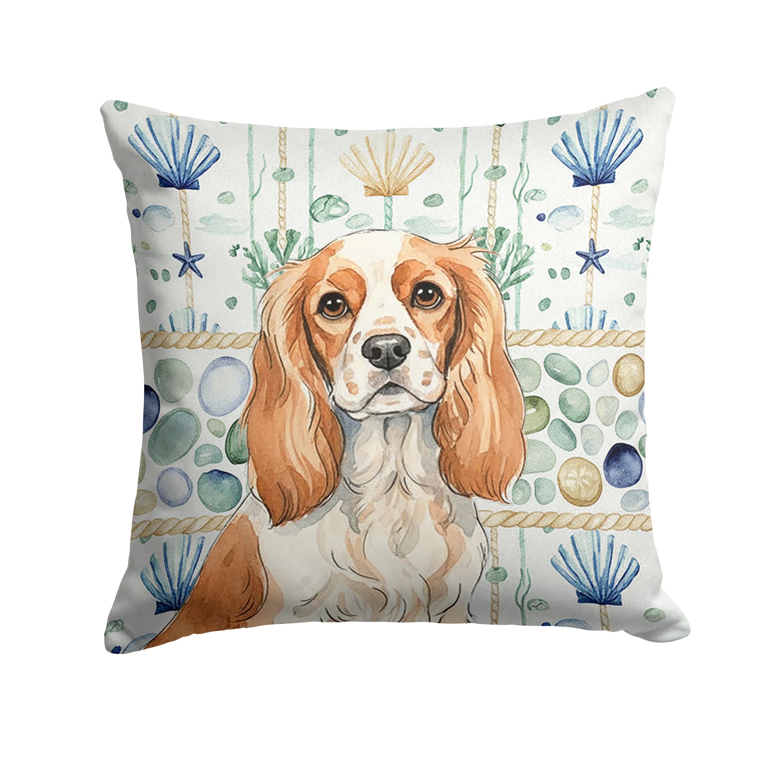 Blenheim Cavalier Spaniel Coastal Sea Glass Decorative Throw Pillow 18x18 Indoor Outdoor Accent Cushion, Fabric Cover with Insert for Sofa, Bed, Porch & Living Room