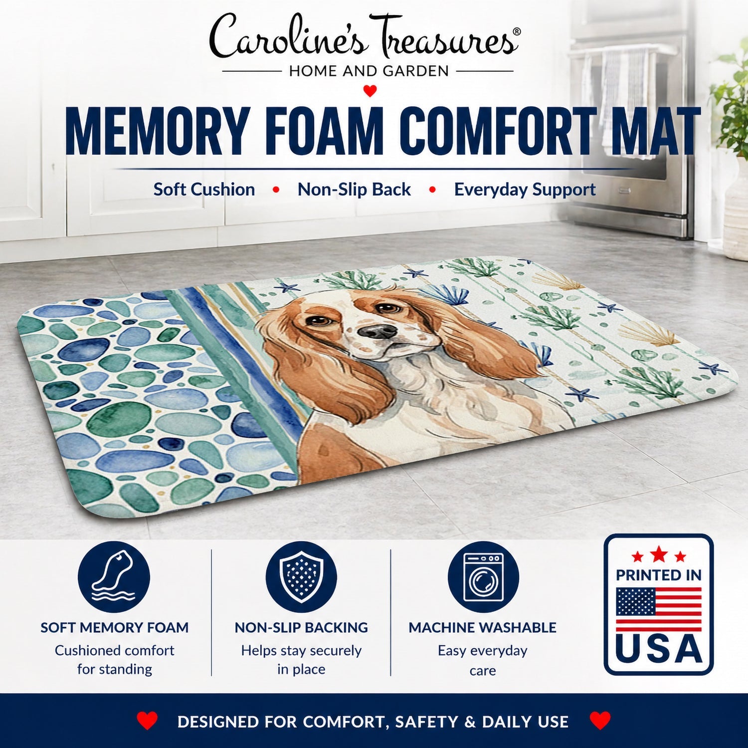 Blenheim Cavalier Spaniel Coastal Sea Glass Memory Foam Kitchen Mat Machine Washable Anti-Fatigue Cushion Comfort Bath or Kitchen Rug