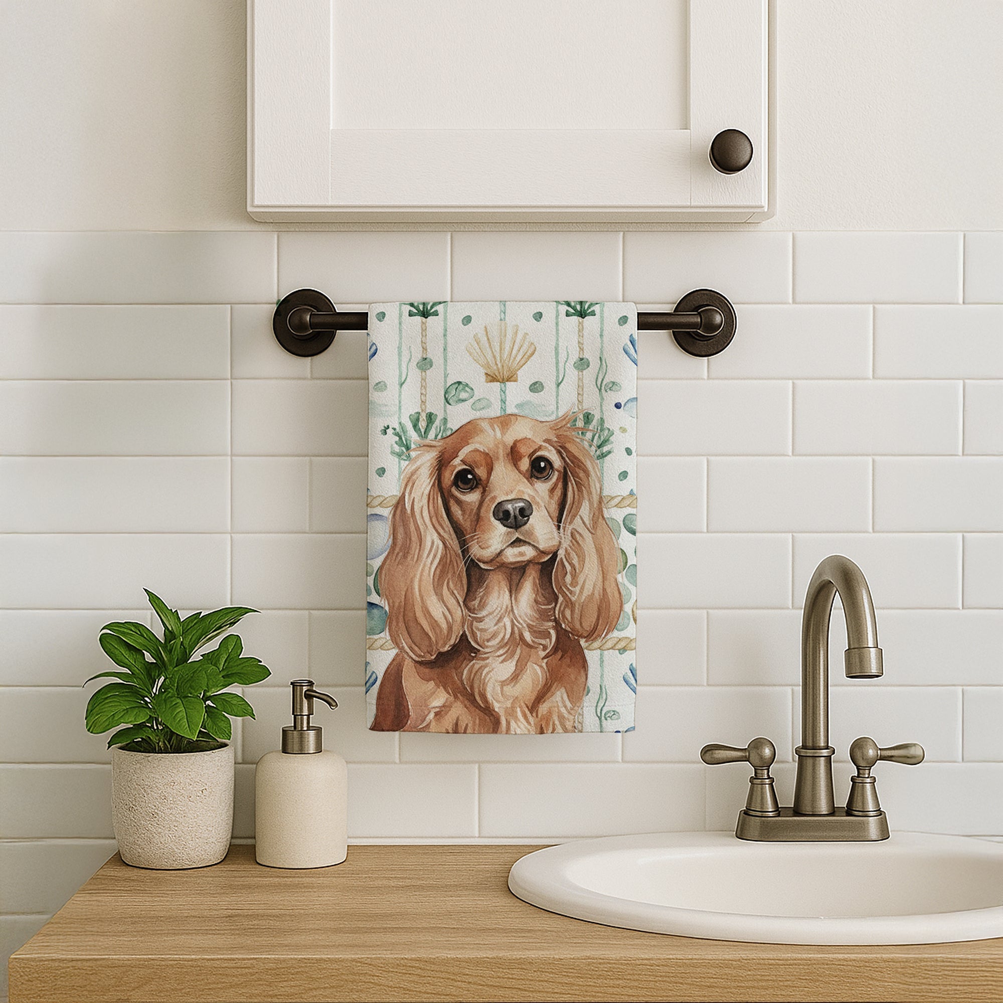 Ruby Cavalier Spaniel Coastal Sea Glass Kitchen Towel Velour Plush Front and Cotton Loop Back Machine Washable