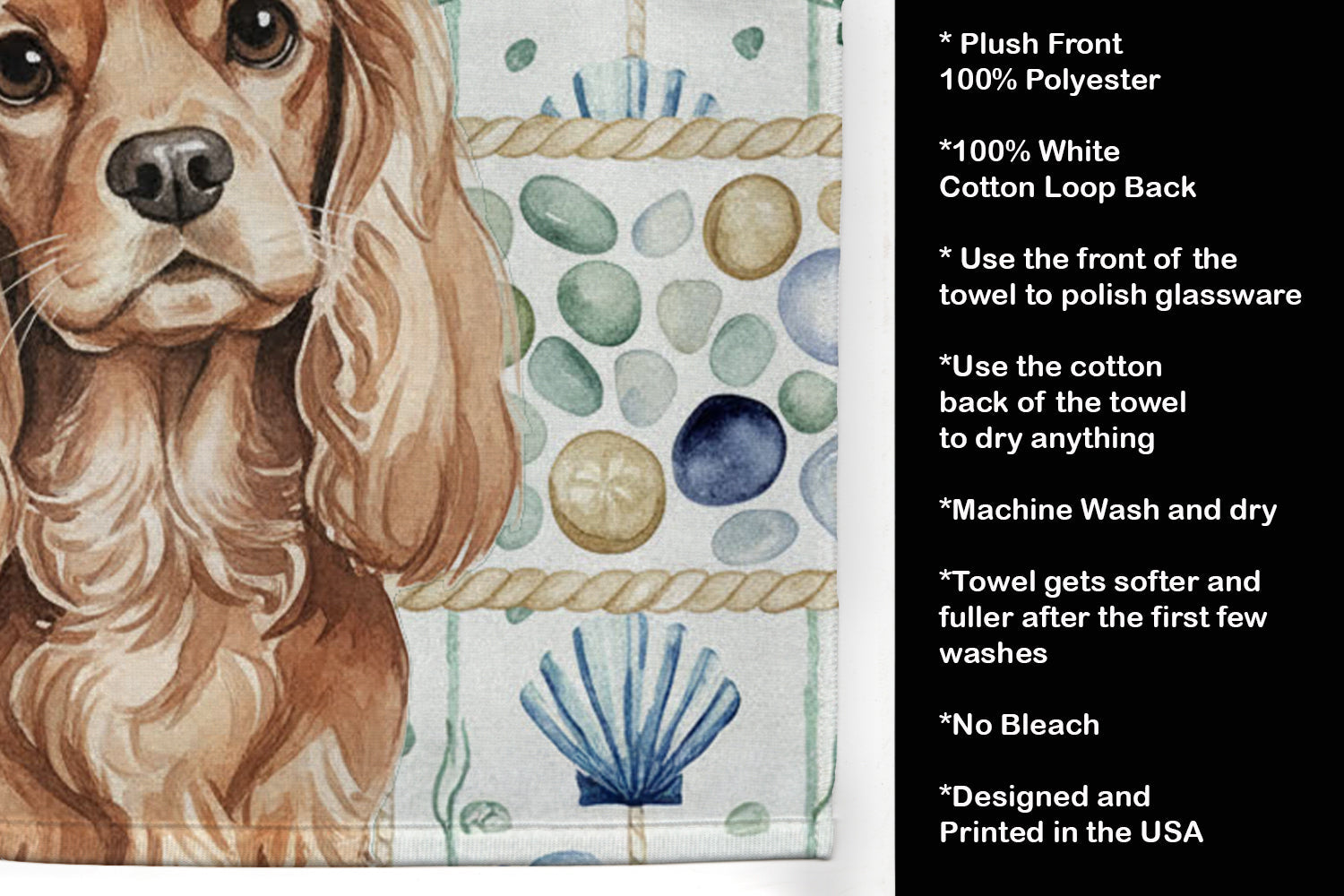 Ruby Cavalier Spaniel Coastal Sea Glass Kitchen Towel Velour Plush Front and Cotton Loop Back Machine Washable