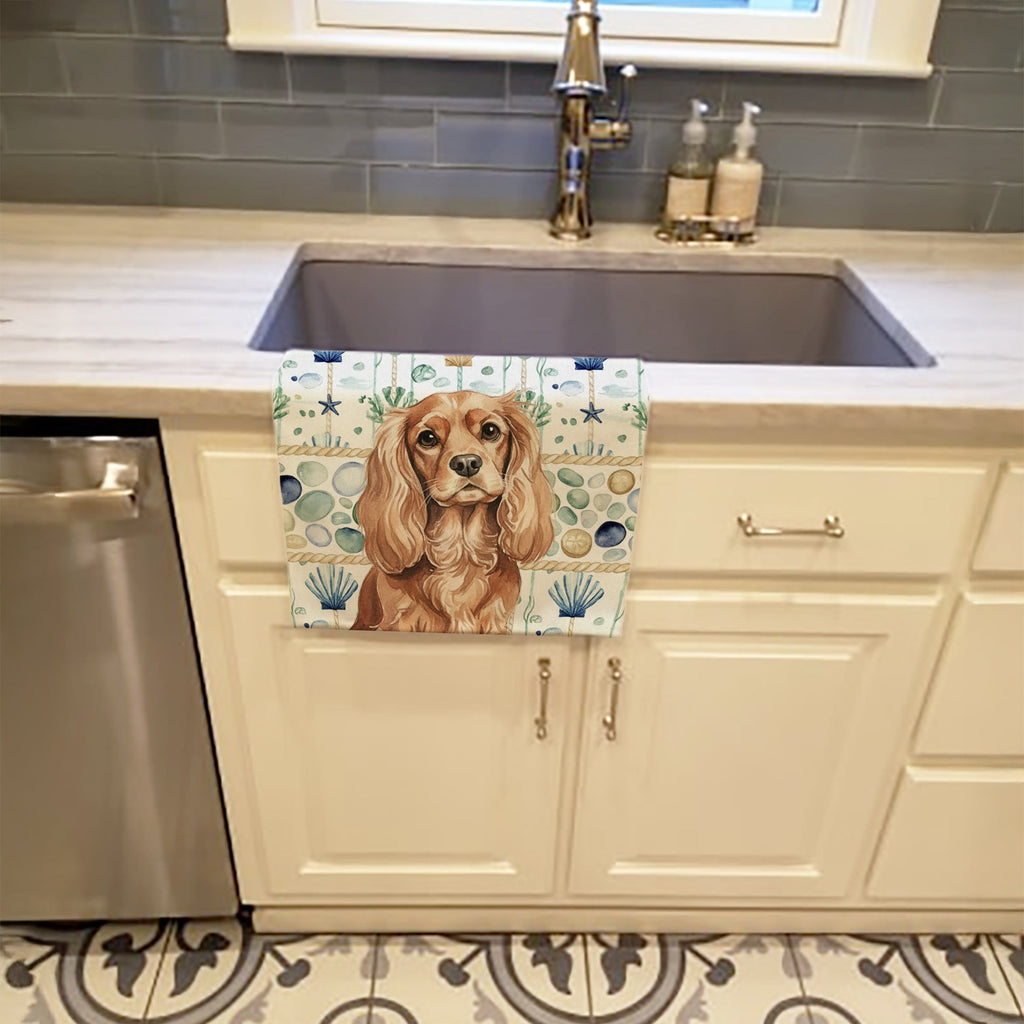Ruby Cavalier Spaniel Coastal Sea Glass Kitchen Towel Velour Plush Front and Cotton Loop Back Machine Washable