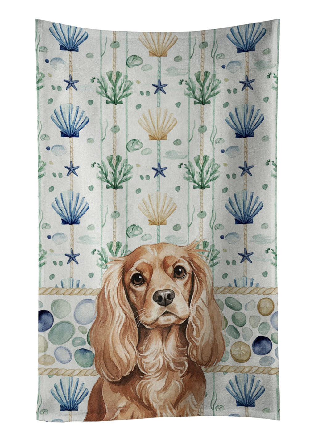 Ruby Cavalier Spaniel Coastal Sea Glass Kitchen Towel Velour Plush Front and Cotton Loop Back Machine Washable