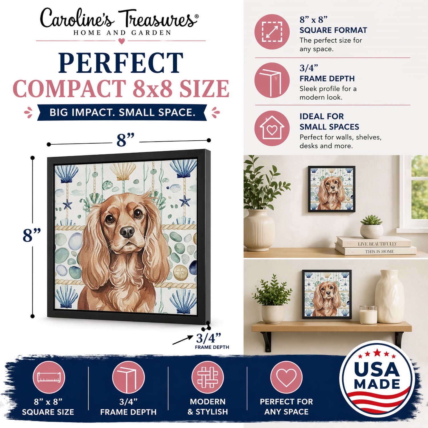 Ruby Cavalier Spaniel Coastal Sea Glass Framed Metal Print Bathroom, Kitchen, Office, Home Decor Wall Art Ready to Hang, Square, 8X8