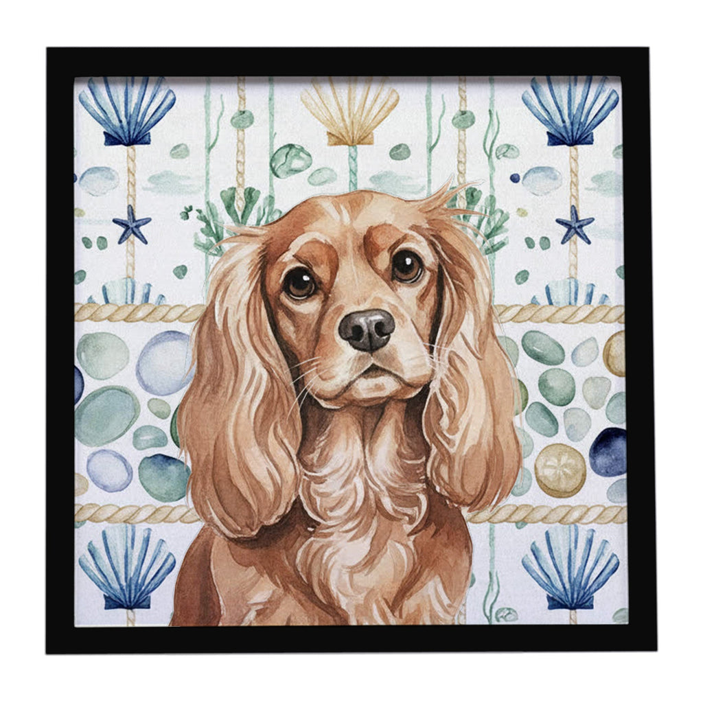 Ruby Cavalier Spaniel Coastal Sea Glass Framed Metal Print Bathroom, Kitchen, Office, Home Decor Wall Art Ready to Hang, Square, 8X8