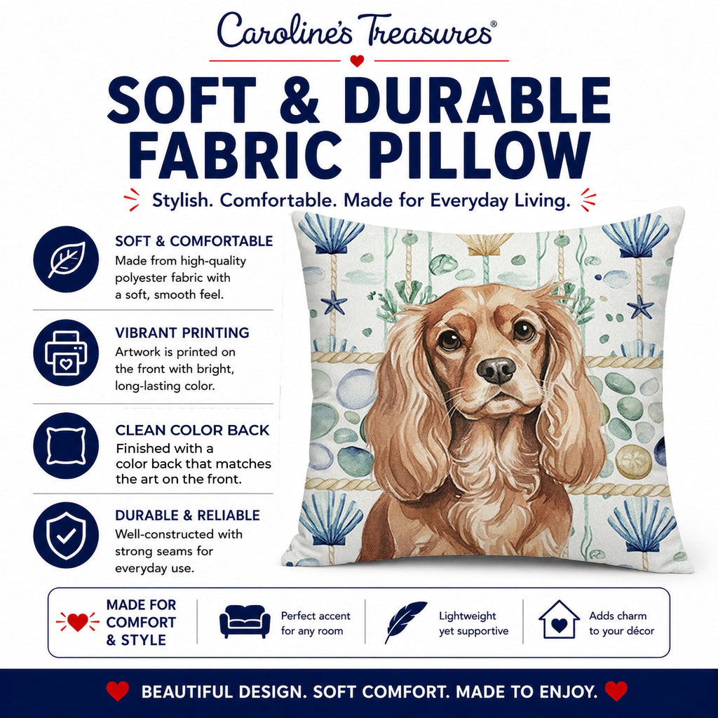 Ruby Cavalier Spaniel Coastal Sea Glass Decorative Throw Pillow 14x14 Indoor Outdoor Accent Cushion, Fabric Cover with Insert for Sofa, Bed, Porch & Living Room