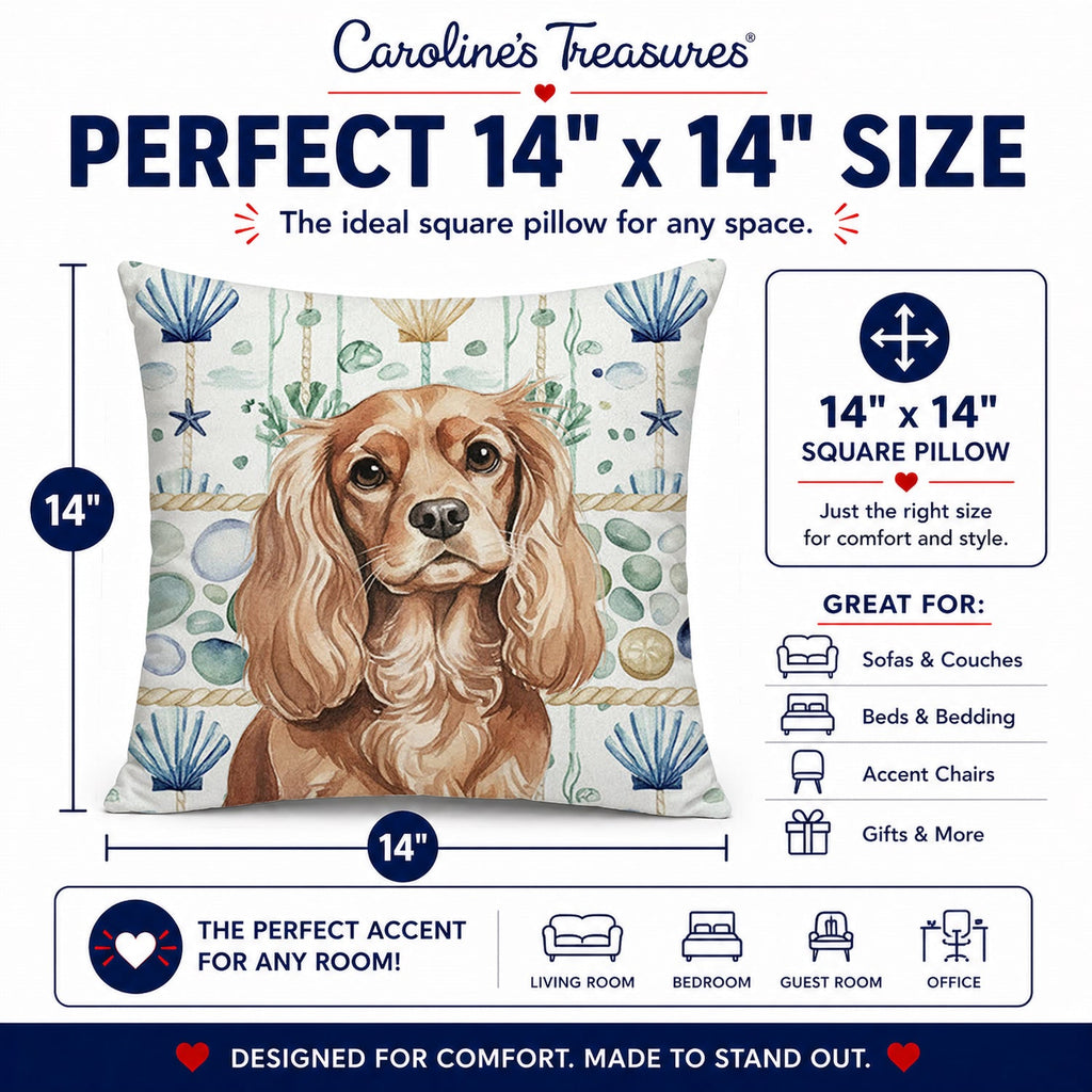 Ruby Cavalier Spaniel Coastal Sea Glass Decorative Throw Pillow 14x14 Indoor Outdoor Accent Cushion, Fabric Cover with Insert for Sofa, Bed, Porch & Living Room