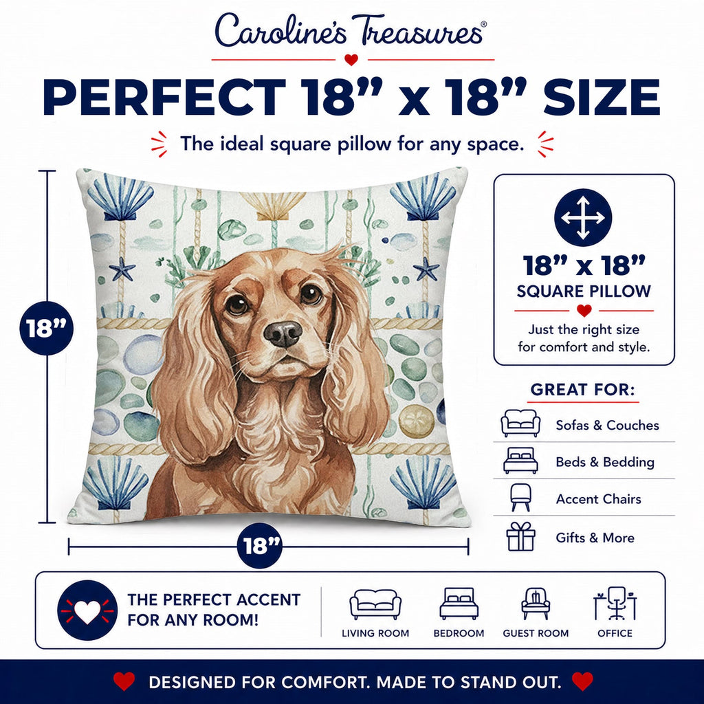 Ruby Cavalier Spaniel Coastal Sea Glass Decorative Throw Pillow 18x18 Indoor Outdoor Accent Cushion, Fabric Cover with Insert for Sofa, Bed, Porch & Living Room