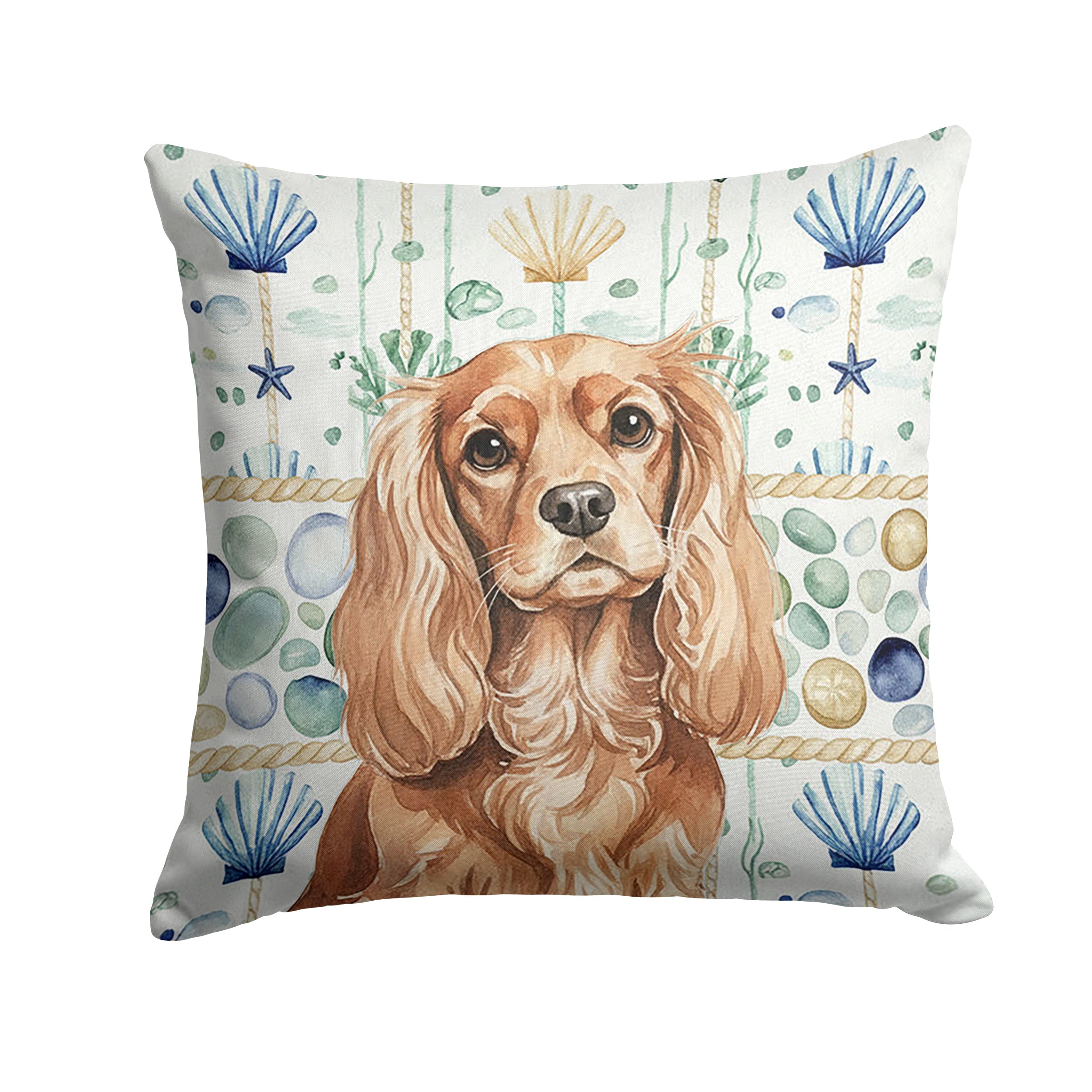 Ruby Cavalier Spaniel Coastal Sea Glass Decorative Throw Pillow 18x18 Indoor Outdoor Accent Cushion, Fabric Cover with Insert for Sofa, Bed, Porch & Living Room