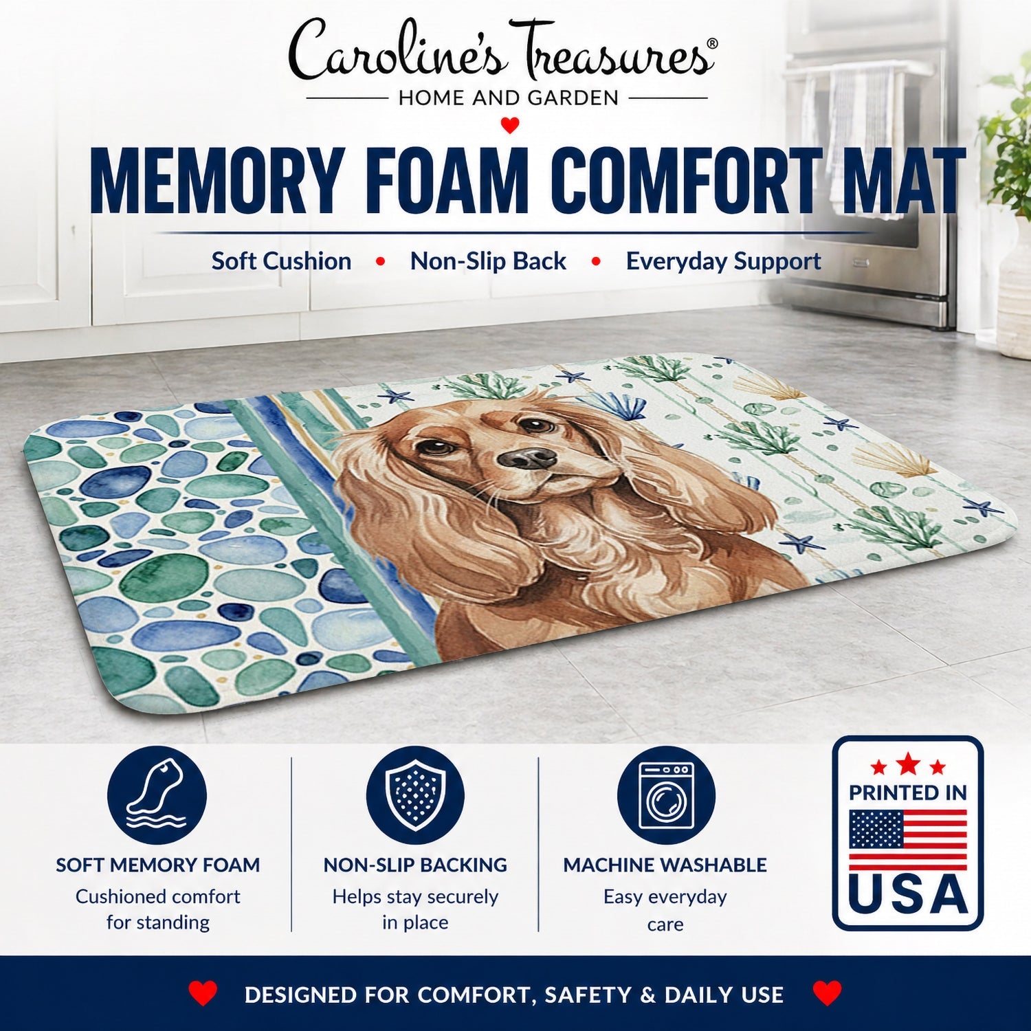 Ruby Cavalier Spaniel Coastal Sea Glass Memory Foam Kitchen Mat Machine Washable Anti-Fatigue Cushion Comfort Bath or Kitchen Rug
