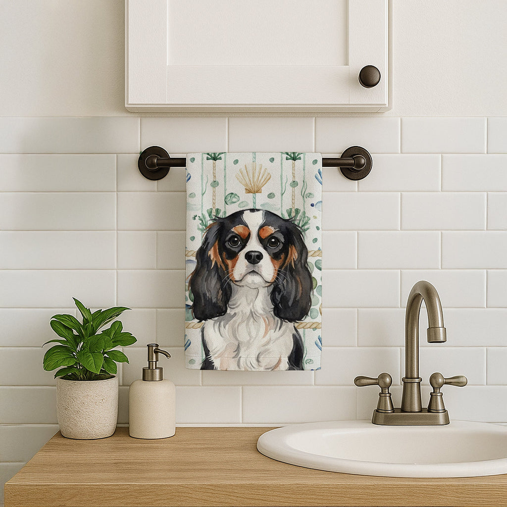 Tricolor Cavalier Spaniel Coastal Sea Glass Kitchen Towel Velour Plush Front and Cotton Loop Back Machine Washable