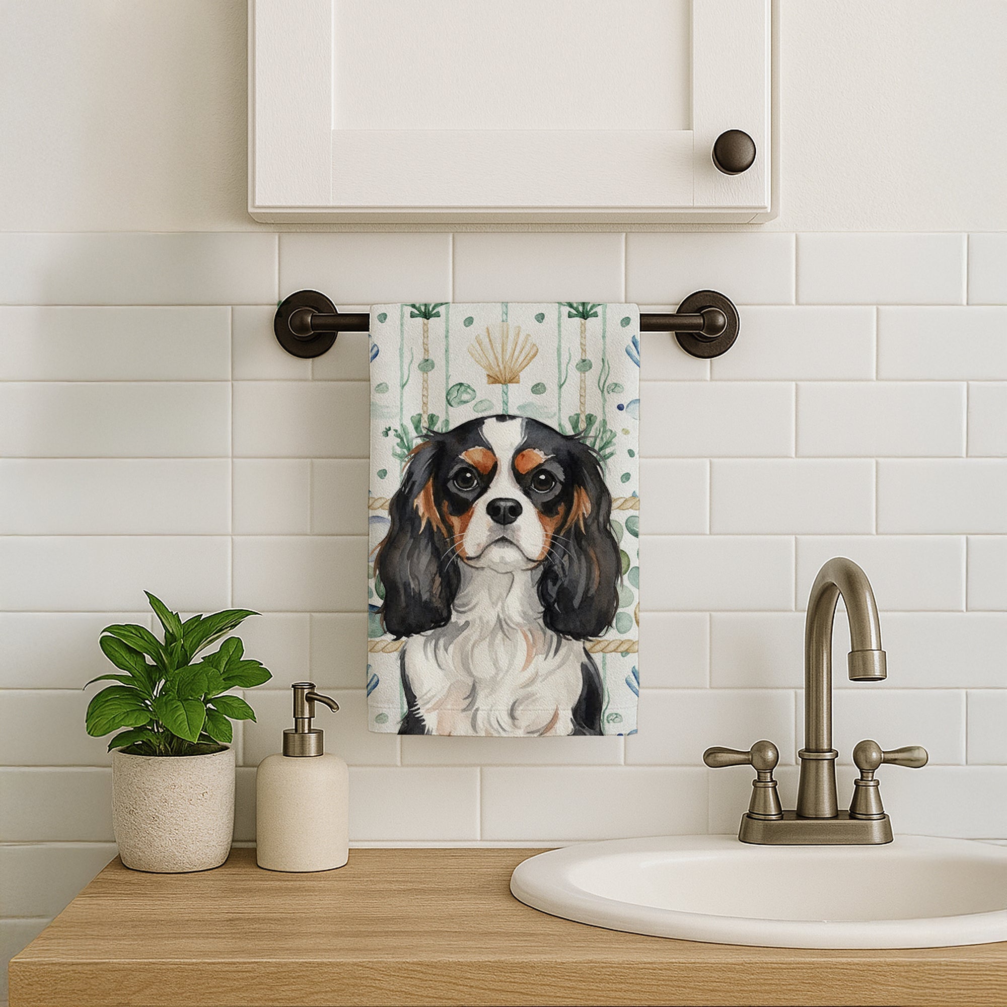 Tricolor Cavalier Spaniel Coastal Sea Glass Kitchen Towel Velour Plush Front and Cotton Loop Back Machine Washable