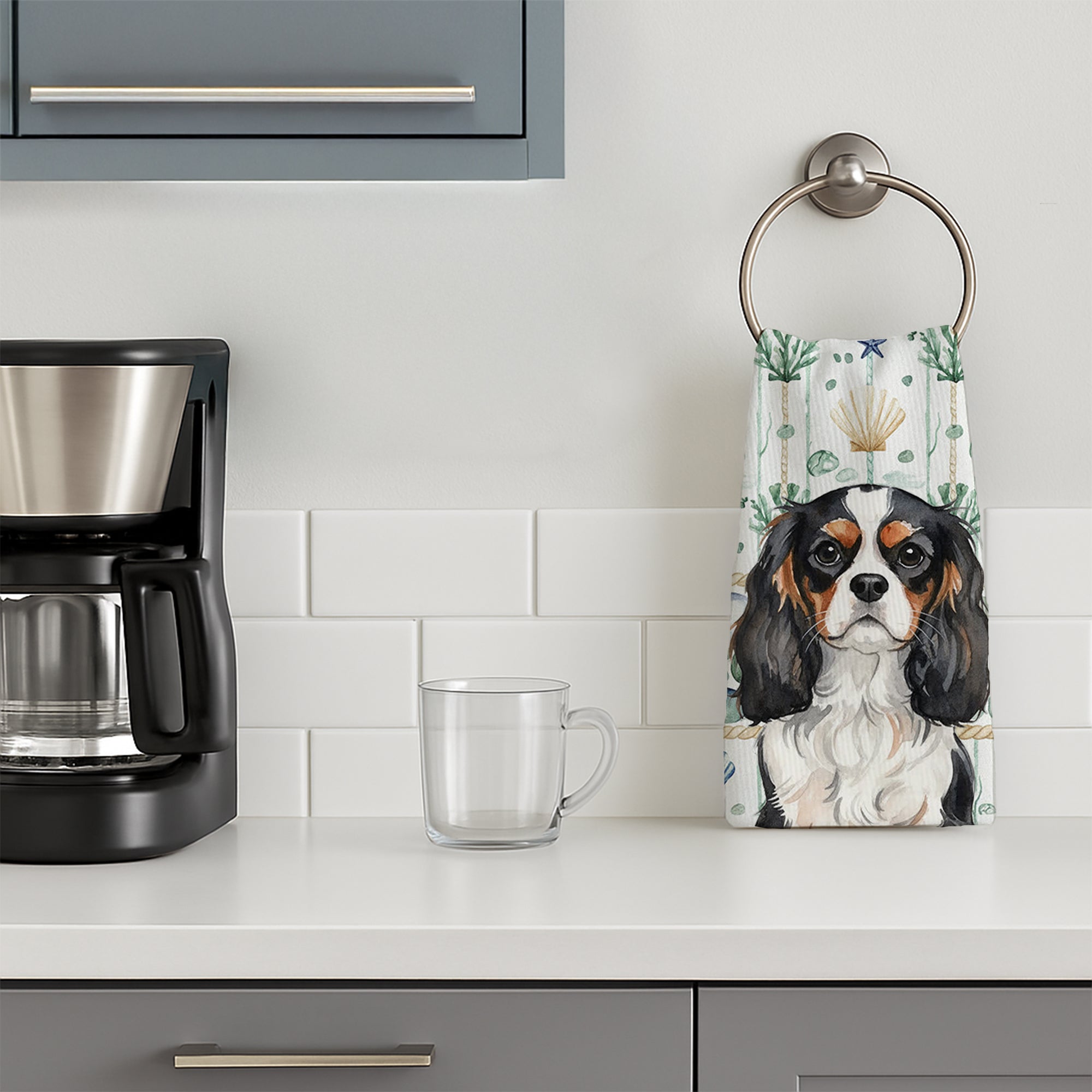 Tricolor Cavalier Spaniel Coastal Sea Glass Kitchen Towel Velour Plush Front and Cotton Loop Back Machine Washable