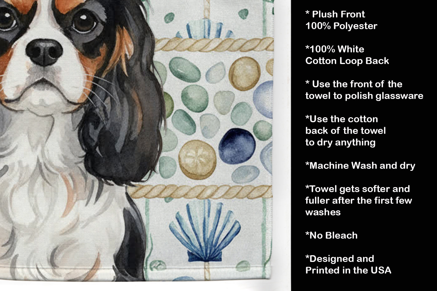 Tricolor Cavalier Spaniel Coastal Sea Glass Kitchen Towel Velour Plush Front and Cotton Loop Back Machine Washable