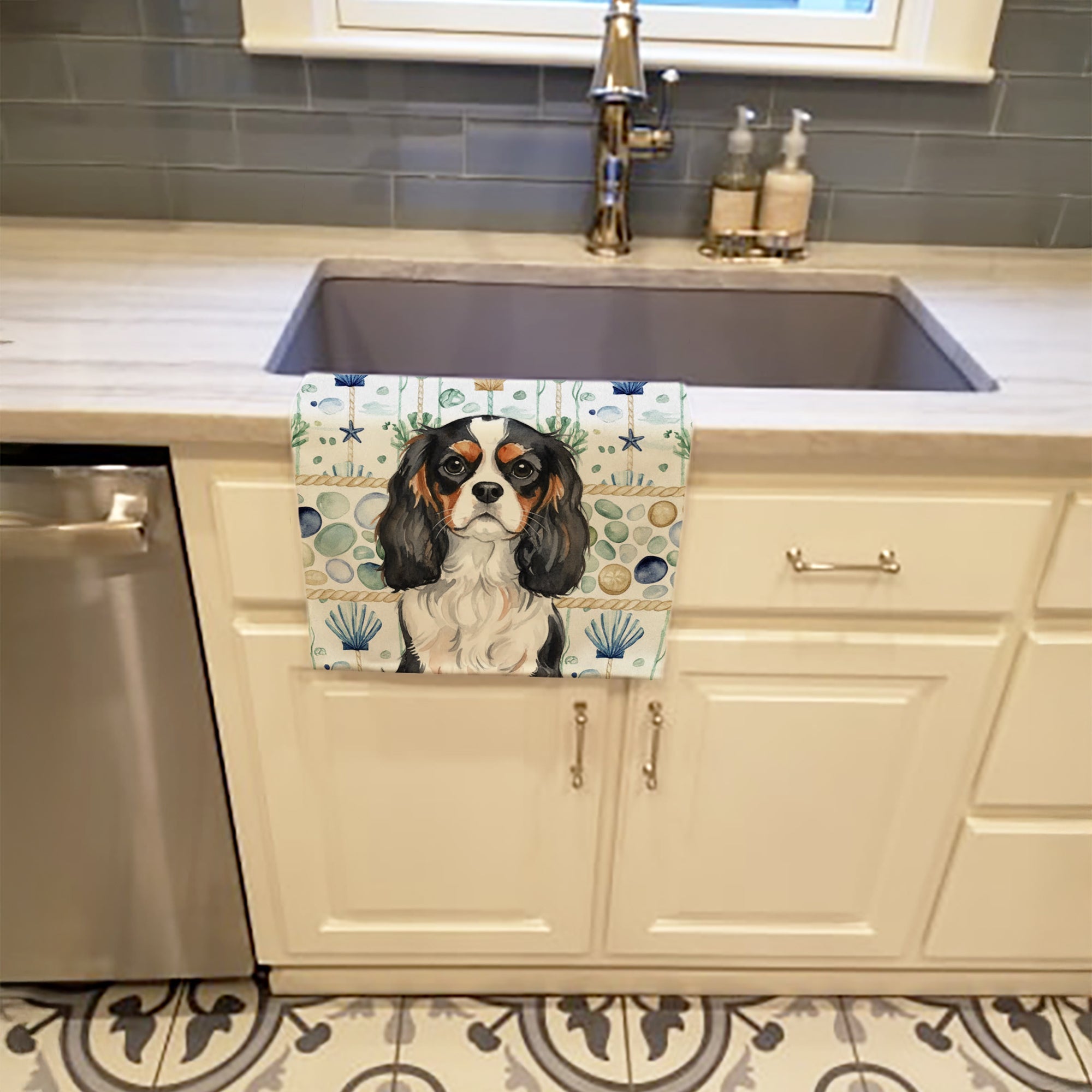 Tricolor Cavalier Spaniel Coastal Sea Glass Kitchen Towel Velour Plush Front and Cotton Loop Back Machine Washable