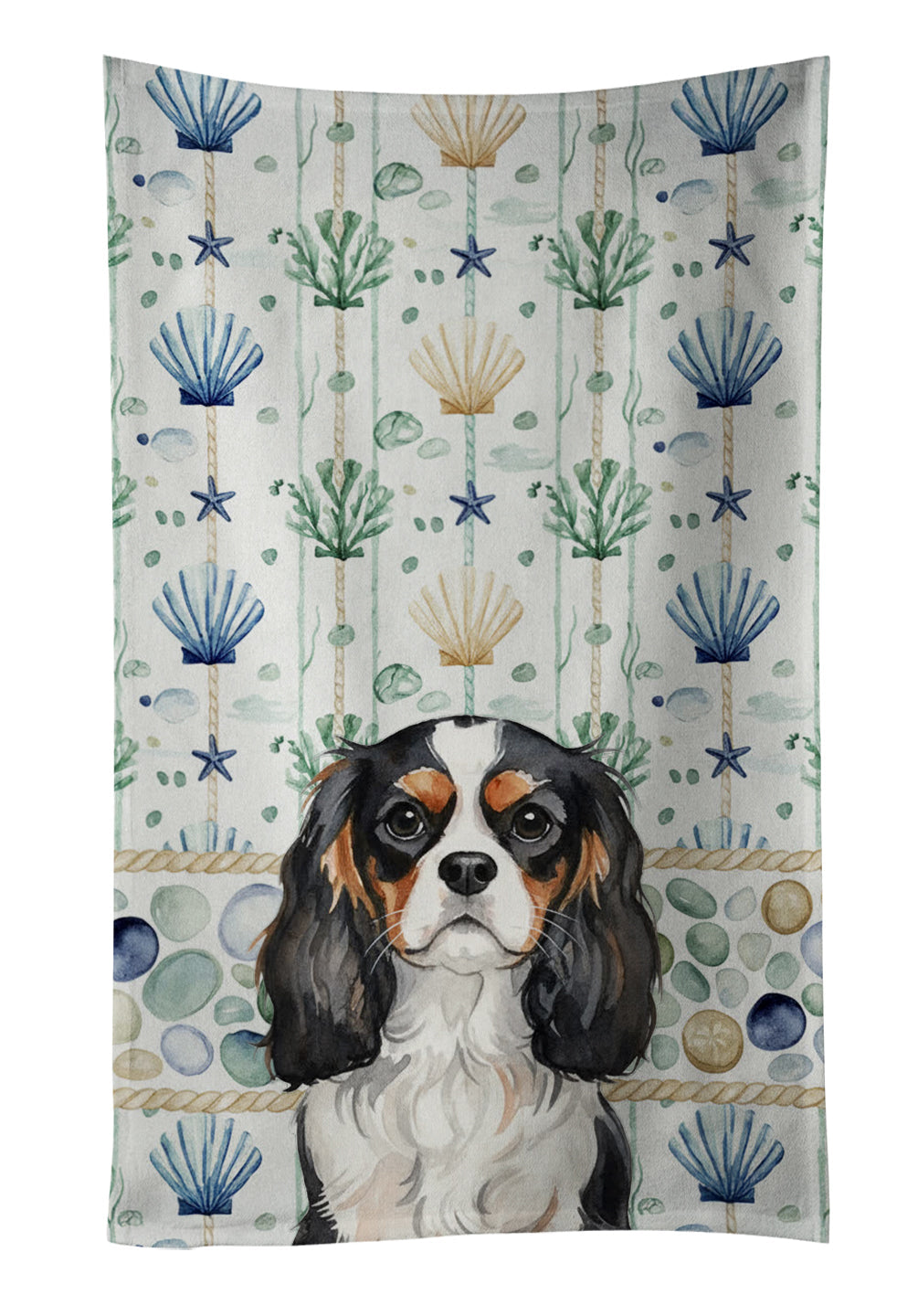 Tricolor Cavalier Spaniel Coastal Sea Glass Kitchen Towel Velour Plush Front and Cotton Loop Back Machine Washable