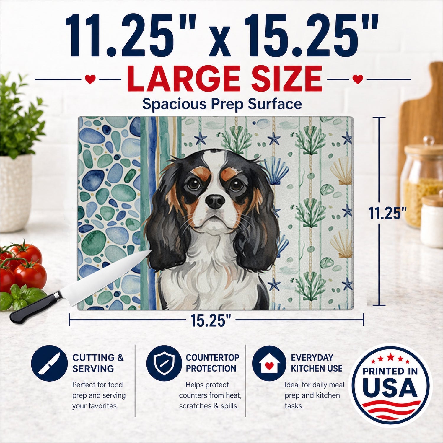Tricolor Cavalier Spaniel Coastal Sea Glass Cutting Board Tempered Glass Kitchen Cutting Surface, Heat Resistant Chopping, Non-Slip Feet, Food Prep & Serving
