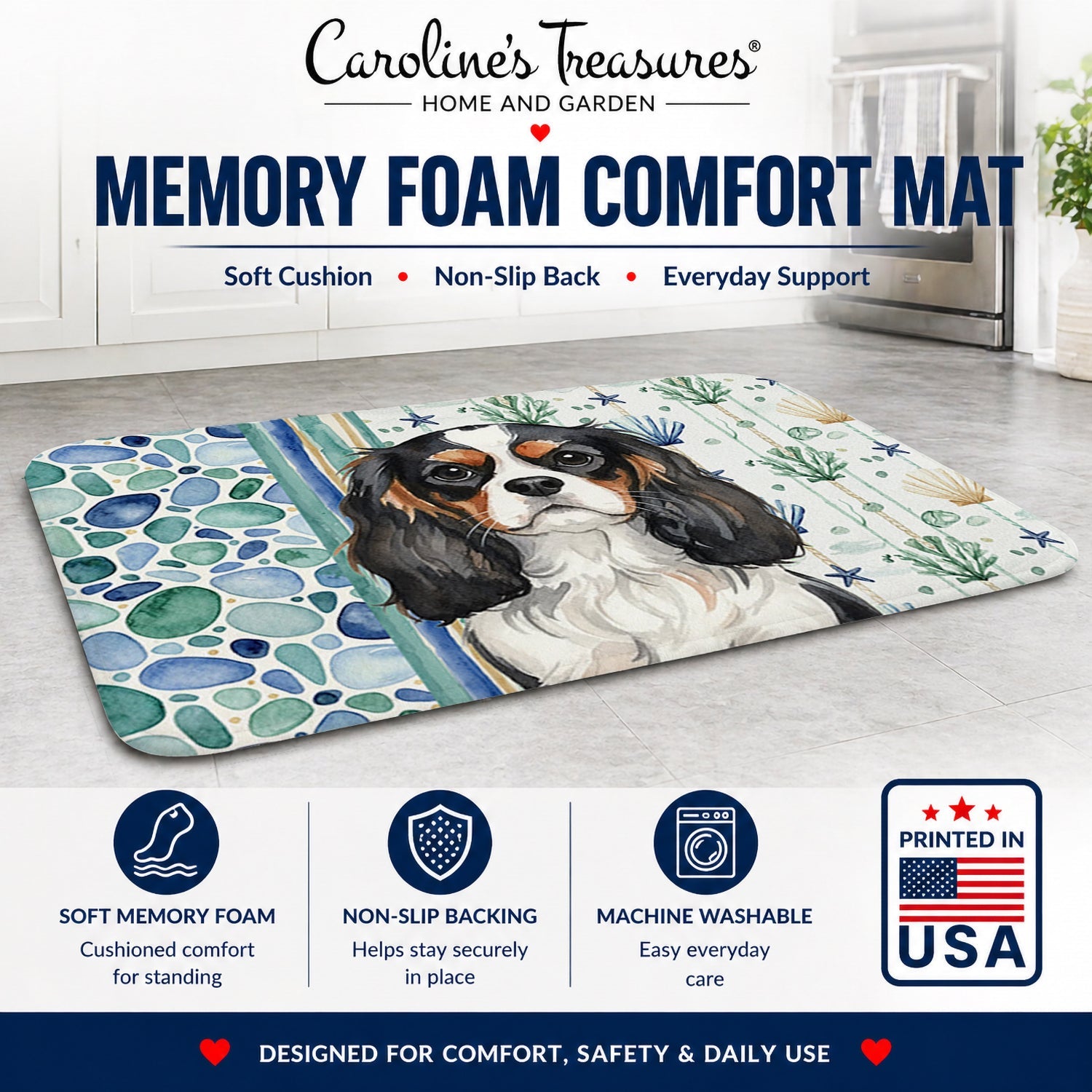 Tricolor Cavalier Spaniel Coastal Sea Glass Memory Foam Kitchen Mat Machine Washable Anti-Fatigue Cushion Comfort Bath or Kitchen Rug