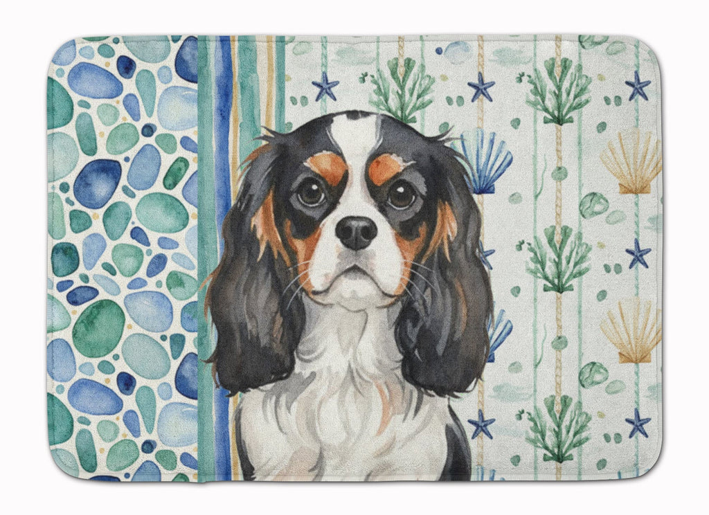 Tricolor Cavalier Spaniel Coastal Sea Glass Memory Foam Kitchen Mat Machine Washable Anti-Fatigue Cushion Comfort Bath or Kitchen Rug