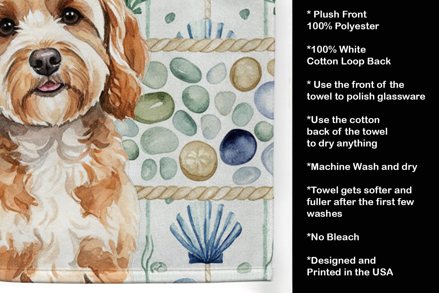 Cavapoo Coastal Sea Glass Kitchen Towel Velour Plush Front and Cotton Loop Back Machine Washable