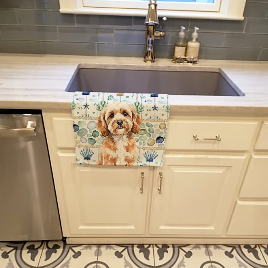 Cavapoo Coastal Sea Glass Kitchen Towel Velour Plush Front and Cotton Loop Back Machine Washable