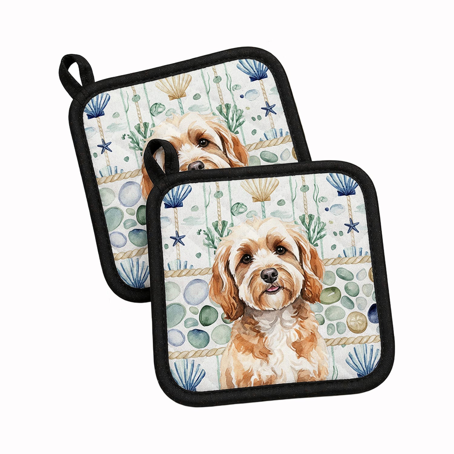 Cavapoo Coastal Sea Glass Pot Holder Set of 2 Heat Resistant Quilted Hot Pads 7.5 x 7.5 Inch, Insulated Kitchen Trivets for Cooking & Baking