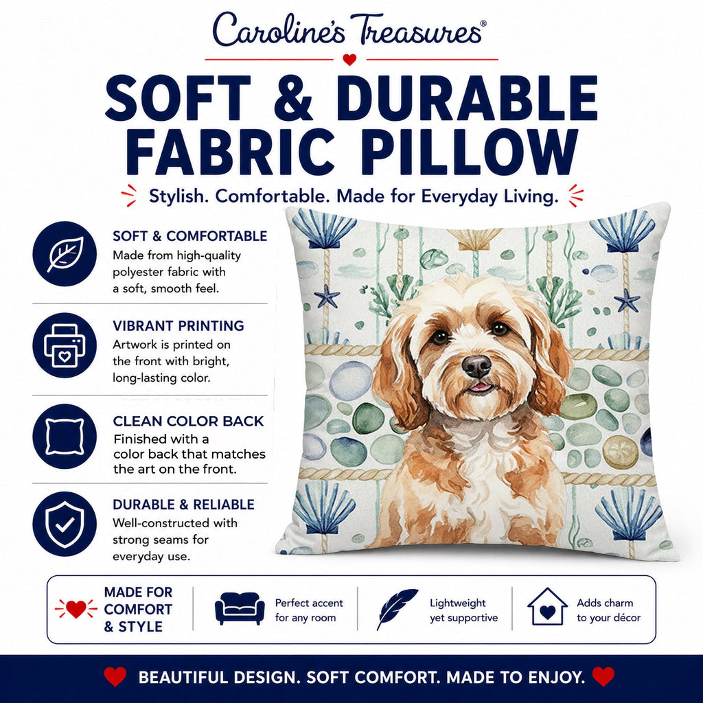 Cavapoo Coastal Sea Glass Decorative Throw Pillow 18x18 Indoor Outdoor Accent Cushion, Fabric Cover with Insert for Sofa, Bed, Porch & Living Room