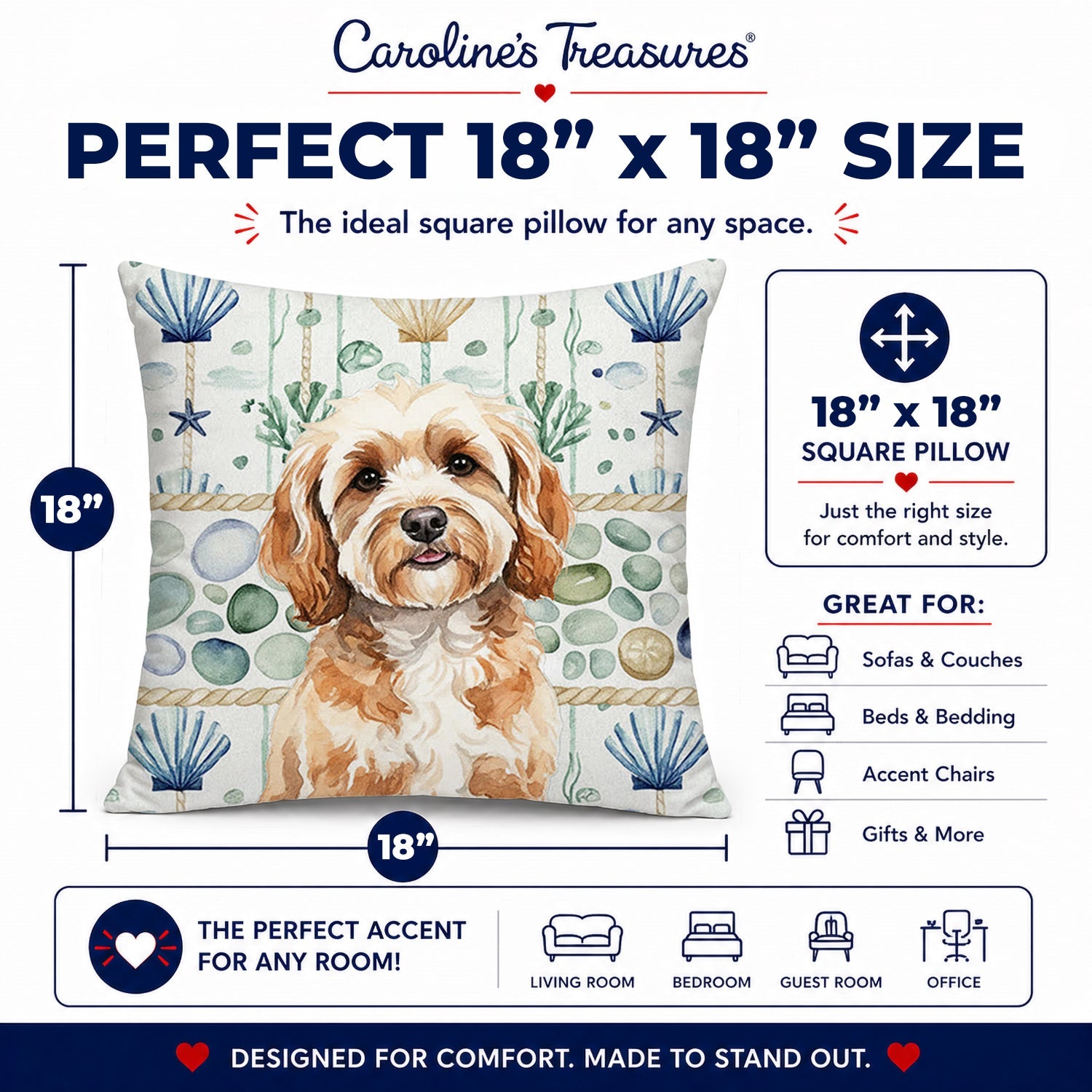 Cavapoo Coastal Sea Glass Decorative Throw Pillow 18x18 Indoor Outdoor Accent Cushion, Fabric Cover with Insert for Sofa, Bed, Porch & Living Room