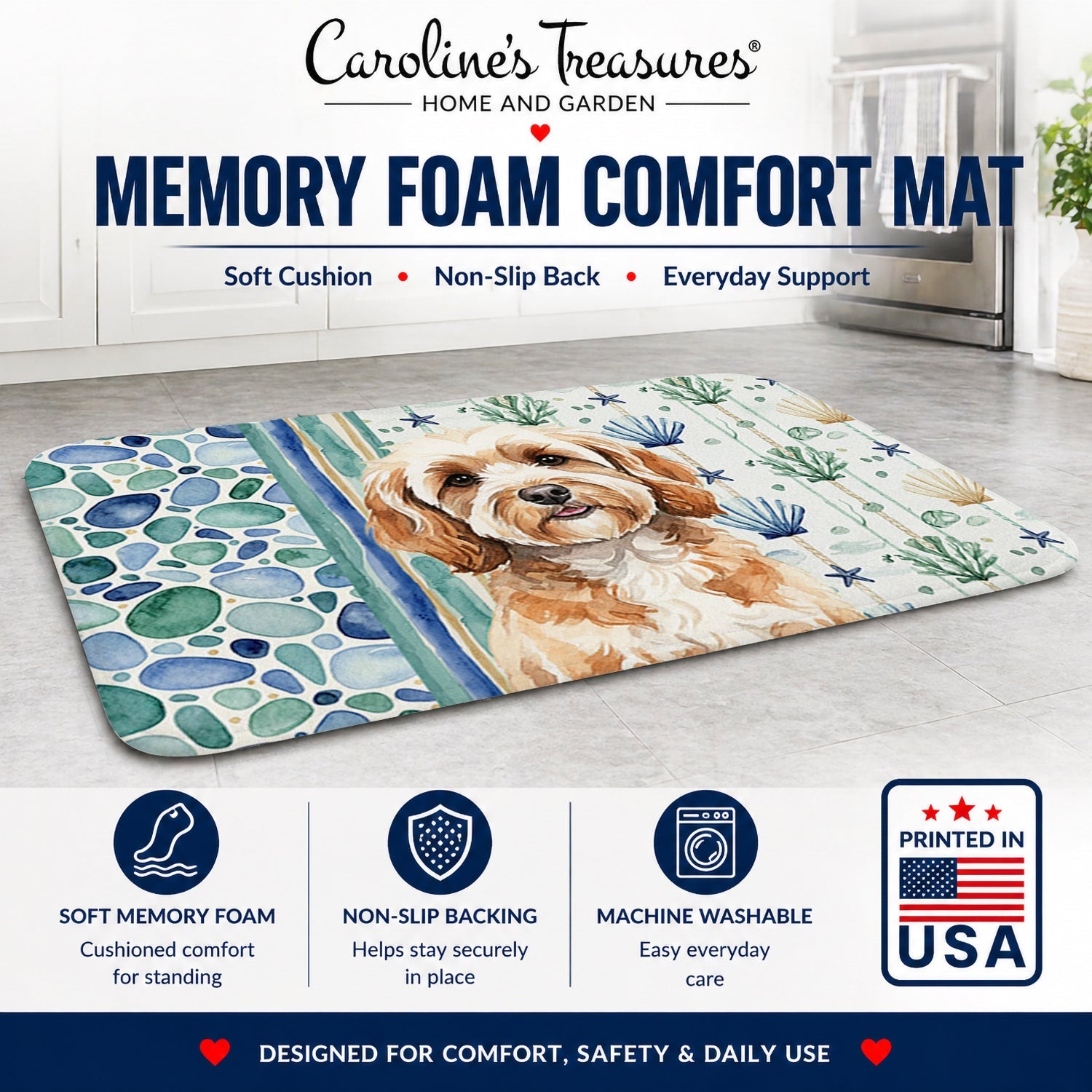 Cavapoo Coastal Sea Glass Memory Foam Kitchen Mat Machine Washable Anti-Fatigue Cushion Comfort Bath or Kitchen Rug