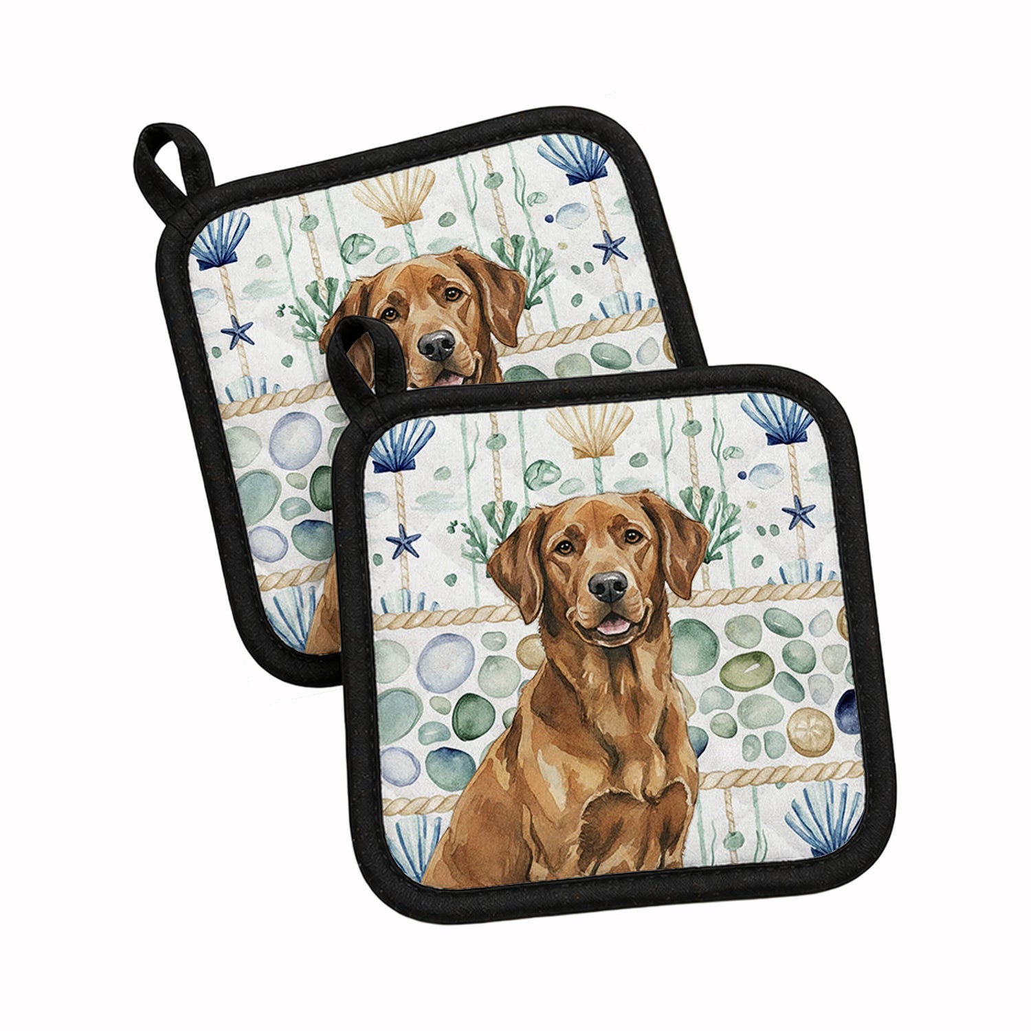 Chesapeake Bay Retriever Coastal Sea Glass Pot Holder Set of 2 Heat Resistant Quilted Hot Pads 7.5 x 7.5 Inch, Insulated Kitchen Trivets for Cooking & Baking