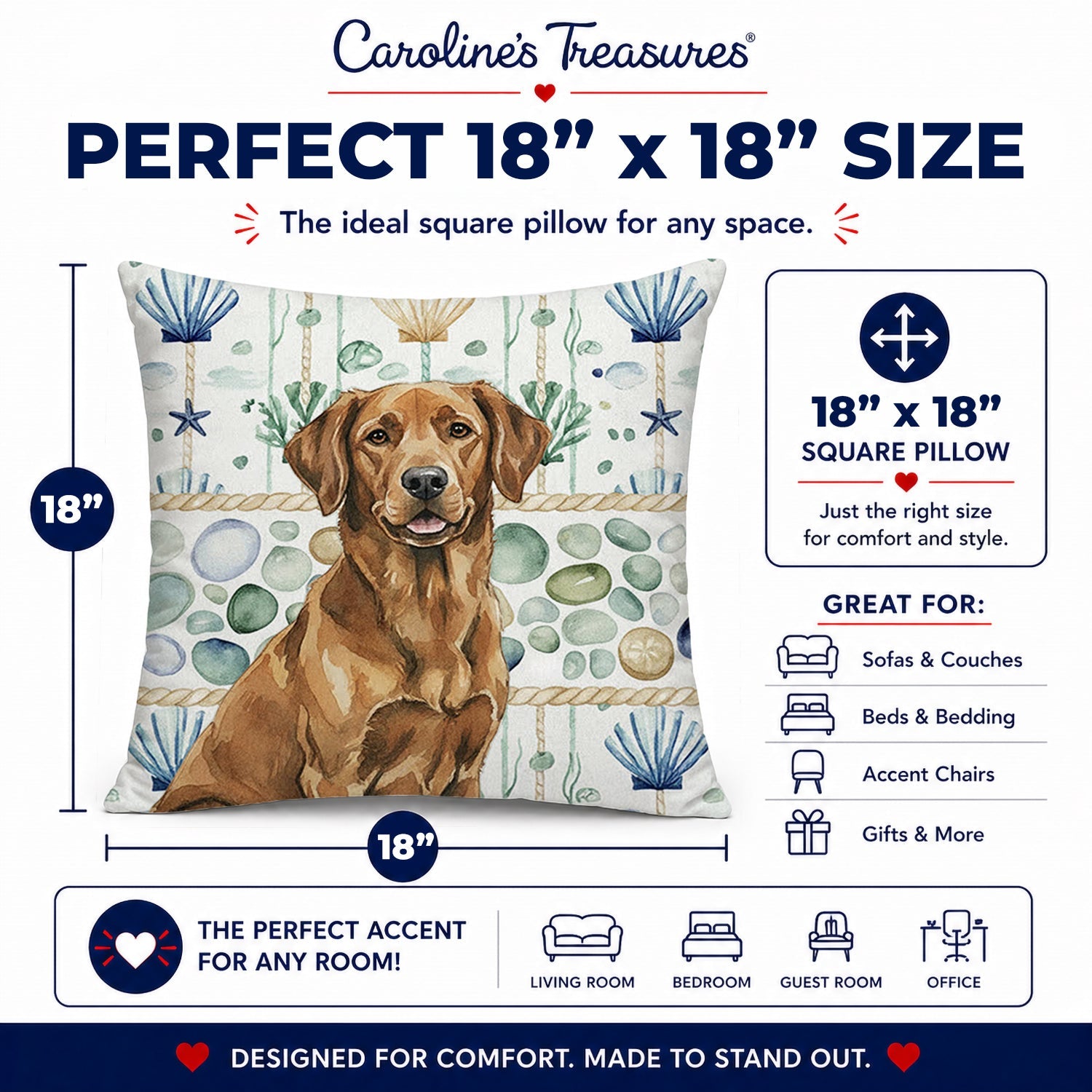 Chesapeake Bay Retriever Coastal Sea Glass Decorative Throw Pillow 18x18 Indoor Outdoor Accent Cushion, Fabric Cover with Insert for Sofa, Bed, Porch & Living Room