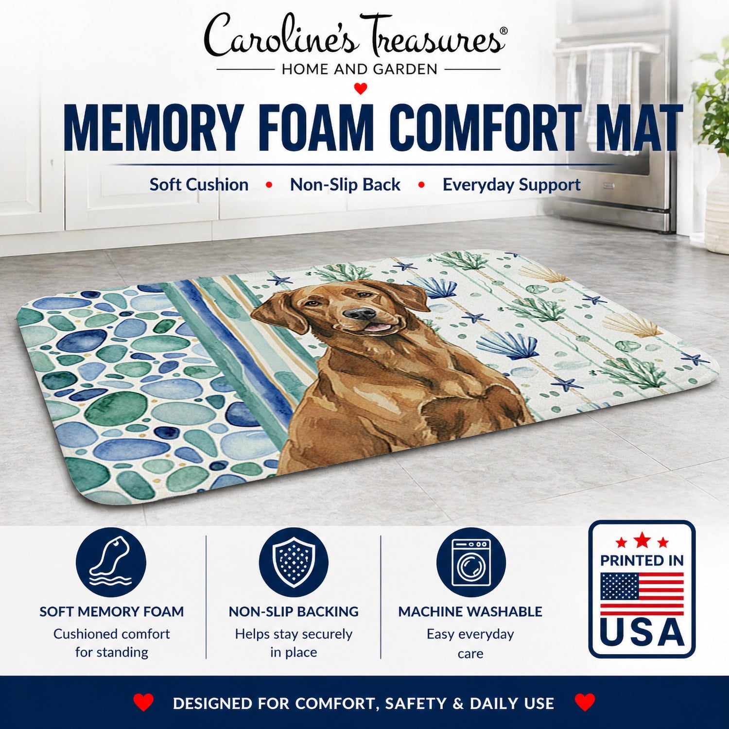 Chesapeake Bay Retriever Coastal Sea Glass Memory Foam Kitchen Mat Machine Washable Anti-Fatigue Cushion Comfort Bath or Kitchen Rug