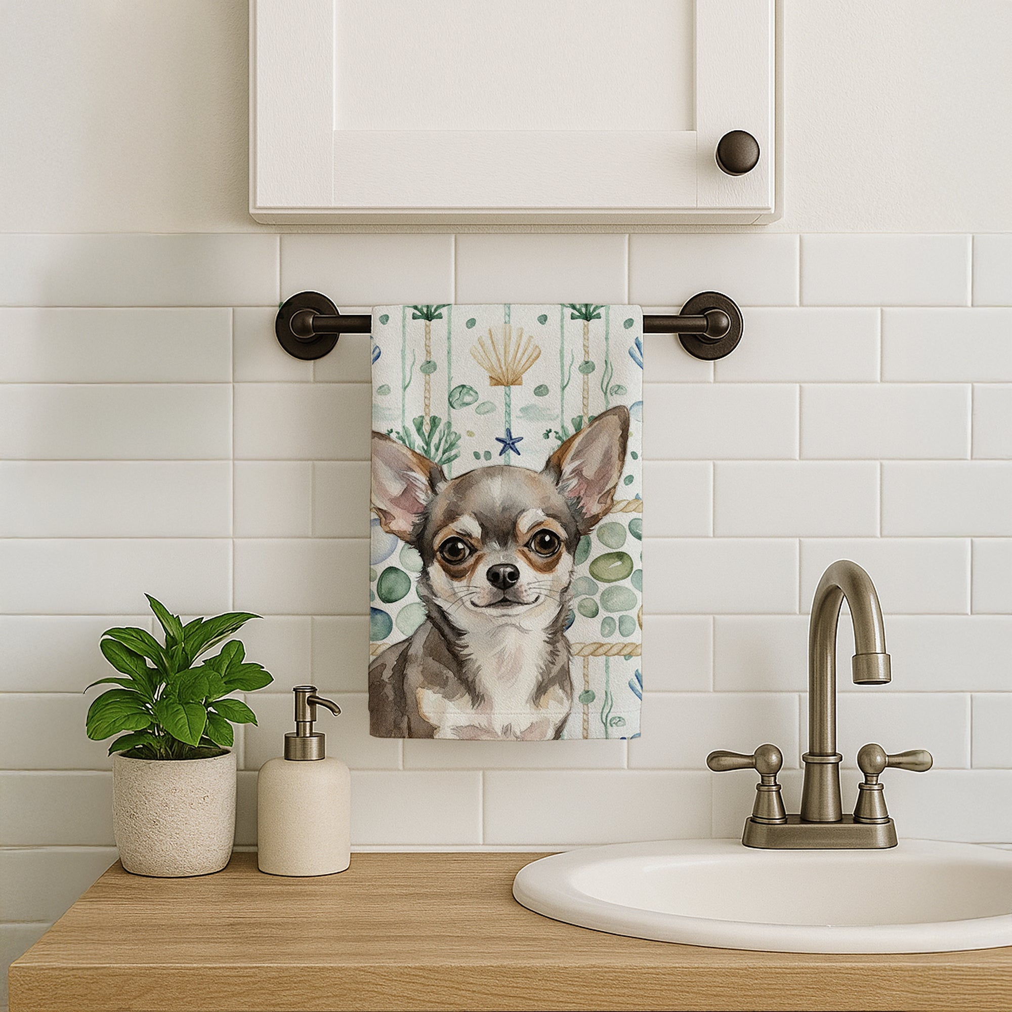 Chihuahua Coastal Sea Glass Kitchen Towel Velour Plush Front and Cotton Loop Back Machine Washable
