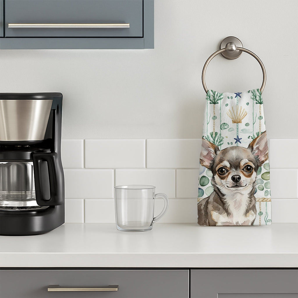 Chihuahua Coastal Sea Glass Kitchen Towel Velour Plush Front and Cotton Loop Back Machine Washable